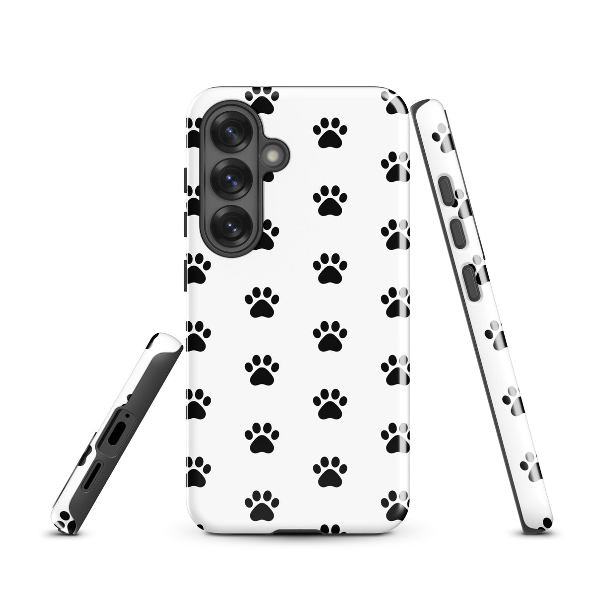Phone Case for Samsung Galaxy with stylish black paw print design, ideal for pet lovers, featuring minimalist paw pattern in white and black.