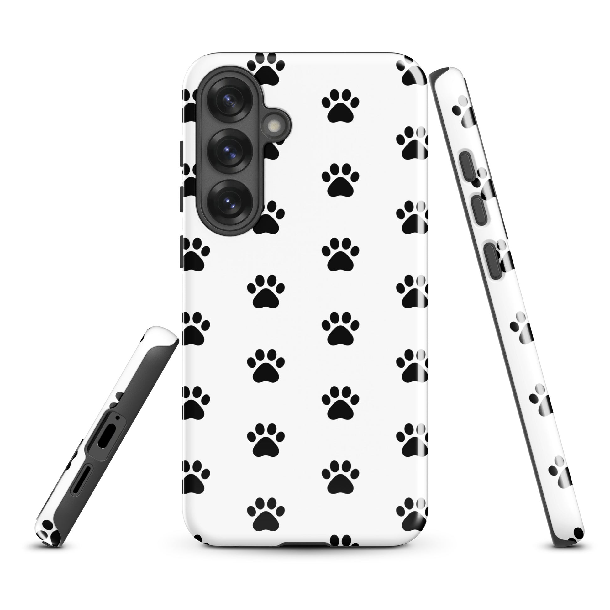 Phone Case for Samsung Galaxy with stylish black paw print design, perfect for cat and dog lovers, in white color.
