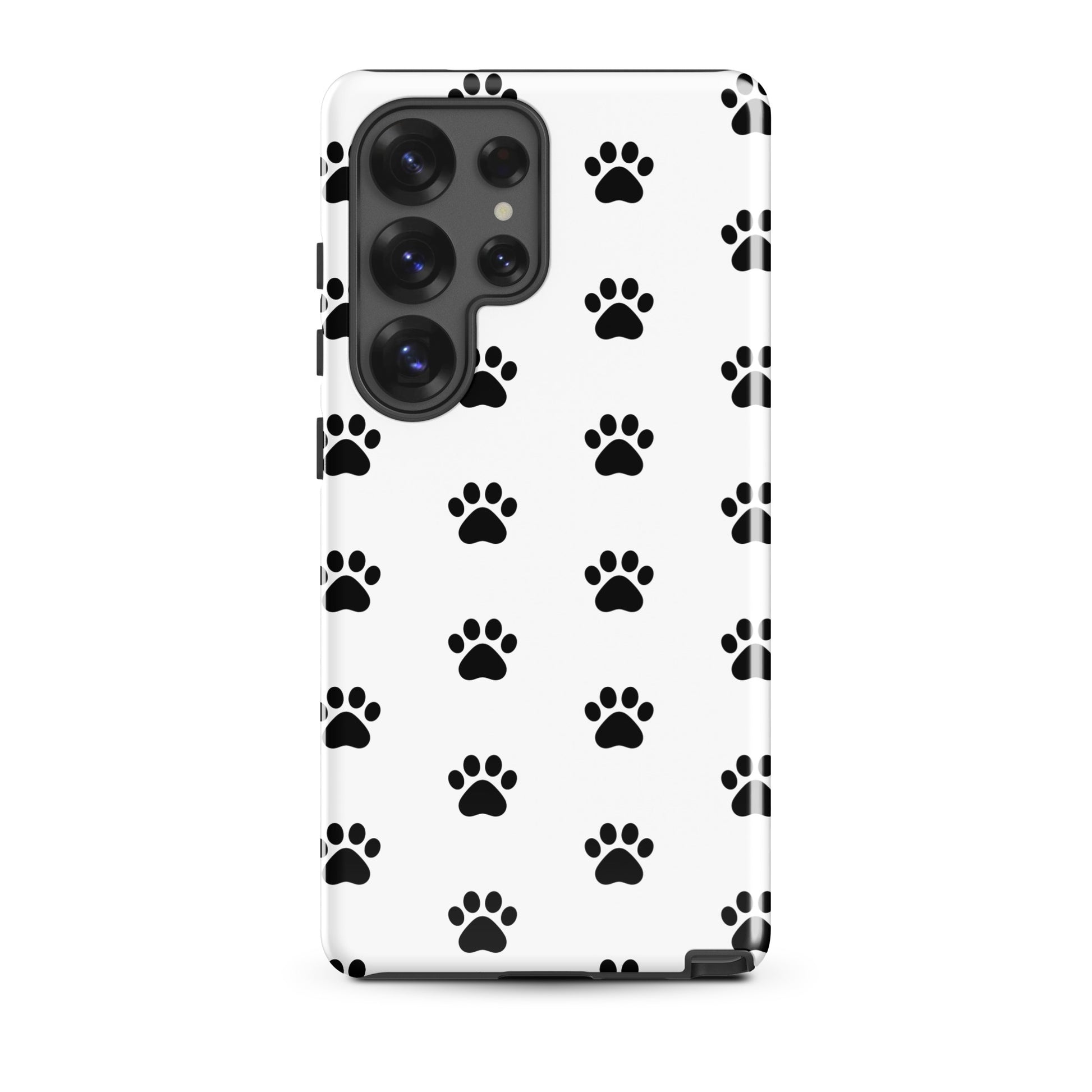 Phone Case for Samsung Galaxy with stylish black paw prints on white for pet lovers.