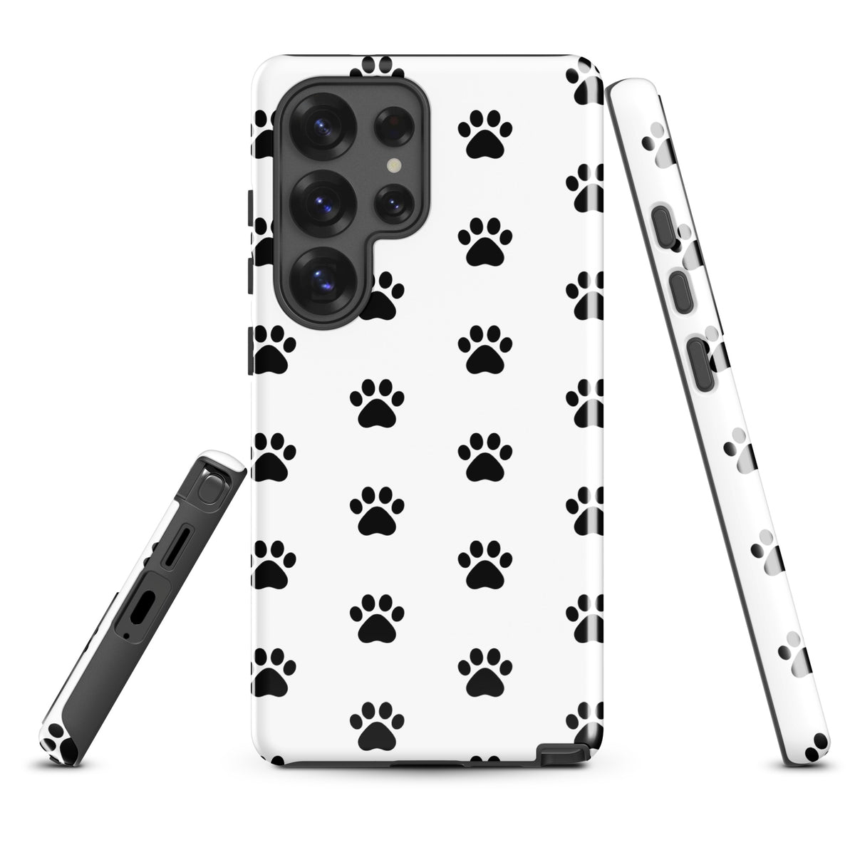 Phone Case for Samsung Galaxy with black paw print design, perfect for pet lovers featuring minimalist patterns for stylish protection in white/black.
