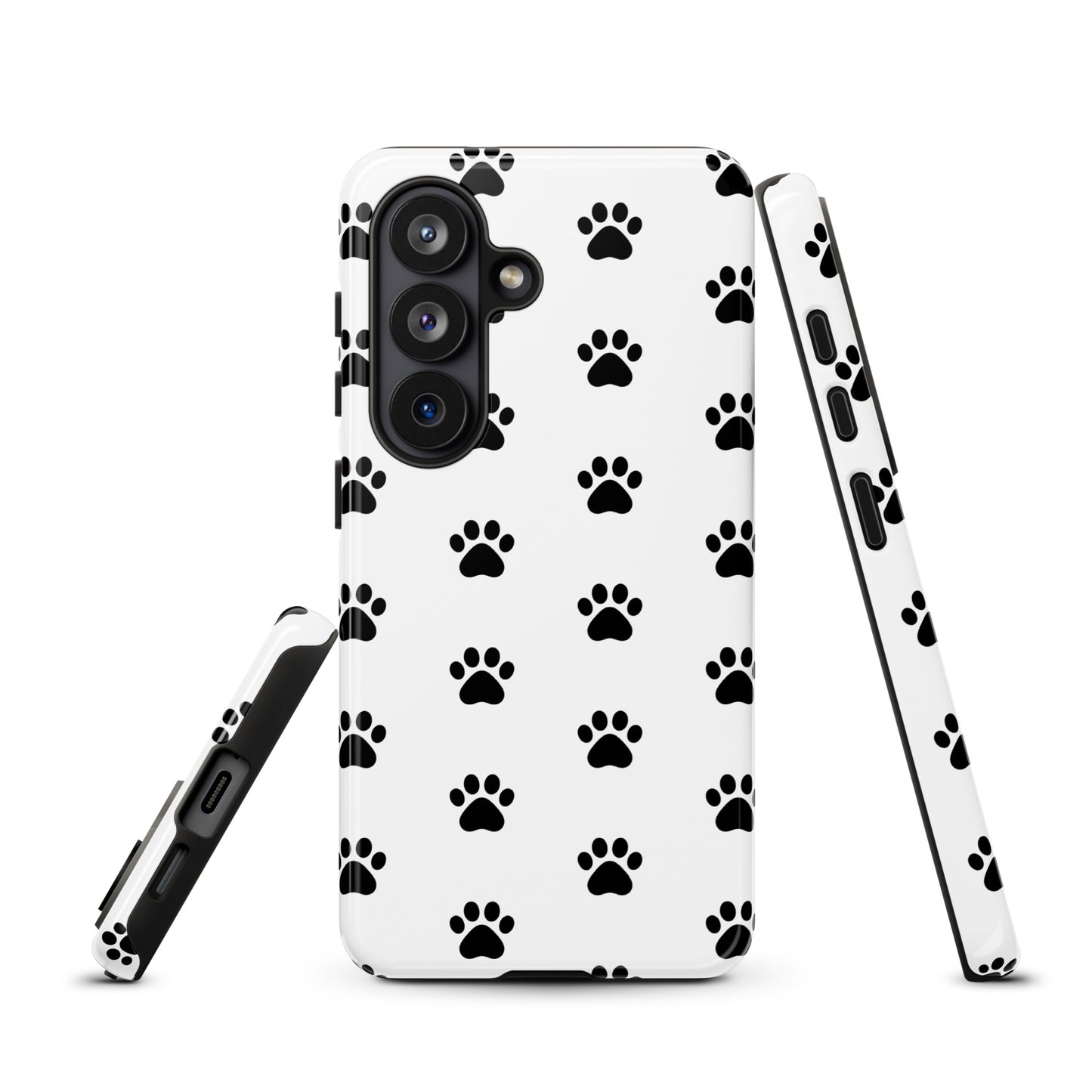 Phone Case for Samsung Galaxy with paw print design in white and black for pet lovers, featuring stylish cat and dog theme.