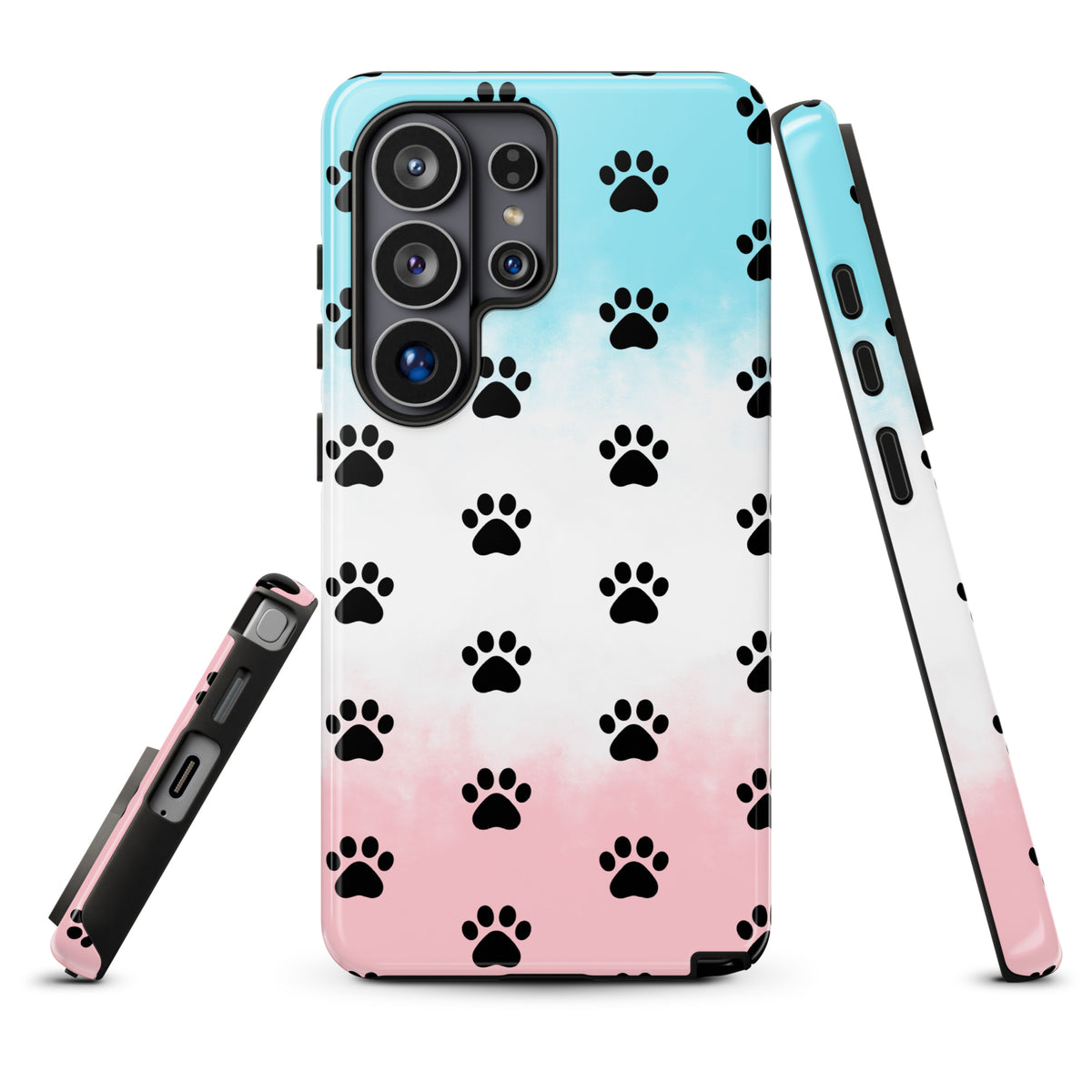 Phone Case for Samsung Galaxy with playful paw-print pattern in black on transparent background showcasing phone's original color.