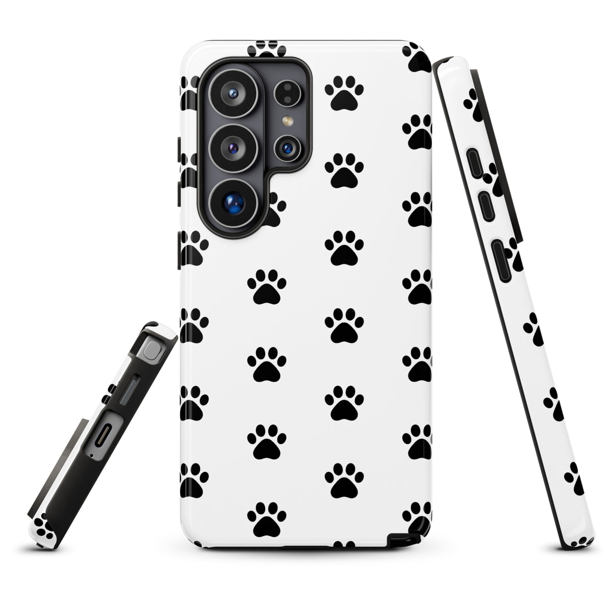 Phone Case for Samsung Galaxy with black paw print design on white background, perfect for pet lovers, featuring minimalist cat and dog pattern.