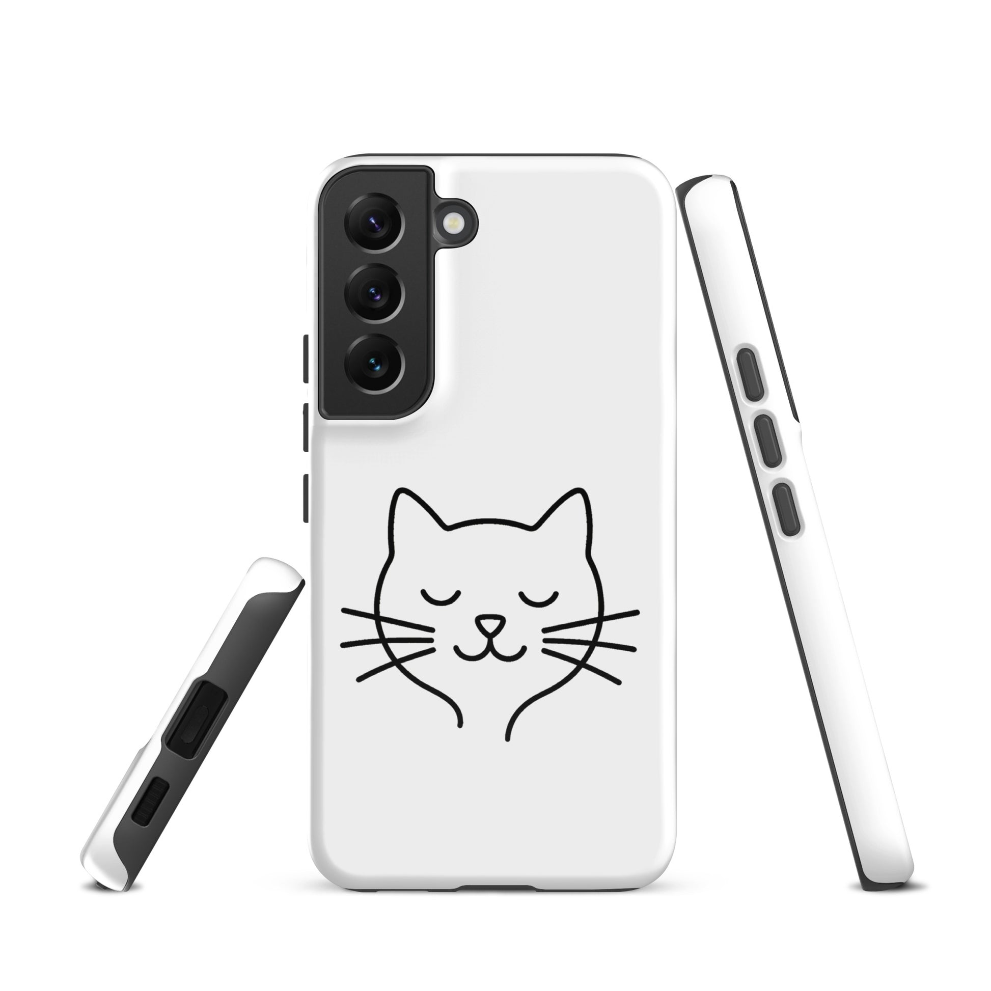 Phone Case for Samsung Galaxy featuring minimalist cat line art in white and black, cute and durable for cat lovers.