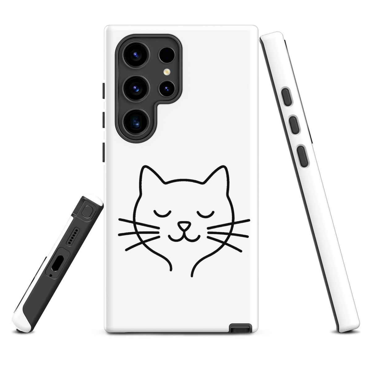 Phone Case for Samsung Galaxy with Cute Minimalist Cat Line Art in White and Black, perfect for cat lovers seeking style and protection.