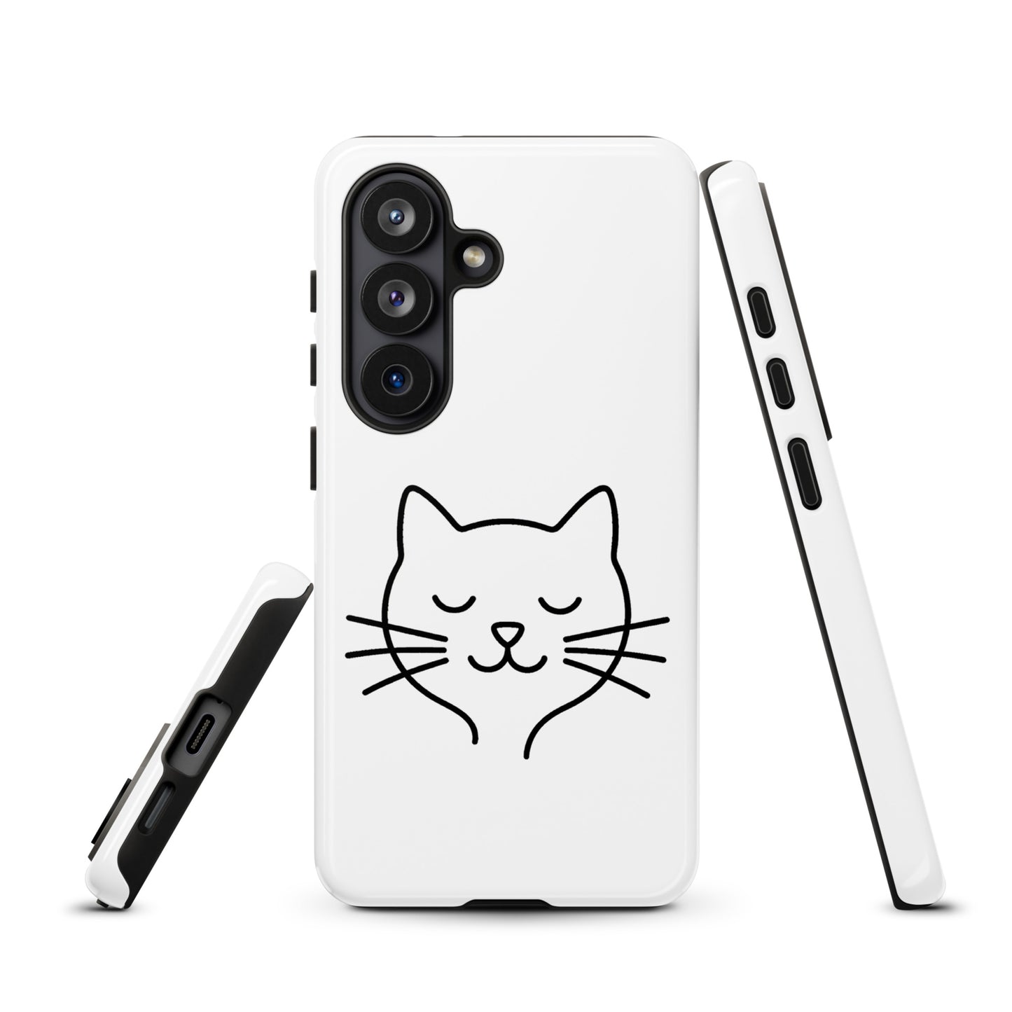 Phone Case with minimalist cat line art design for Samsung Galaxy, white and black, cute stylish protection for cat lovers