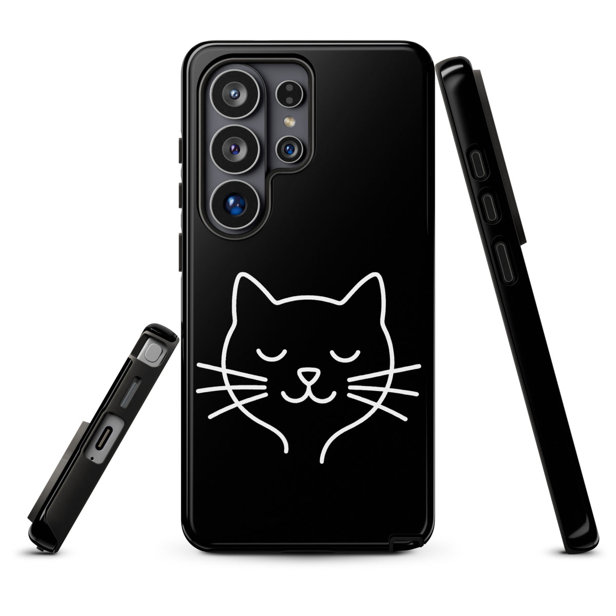 Phone Case with minimalist cat line art design for Samsung Galaxy in black and white.