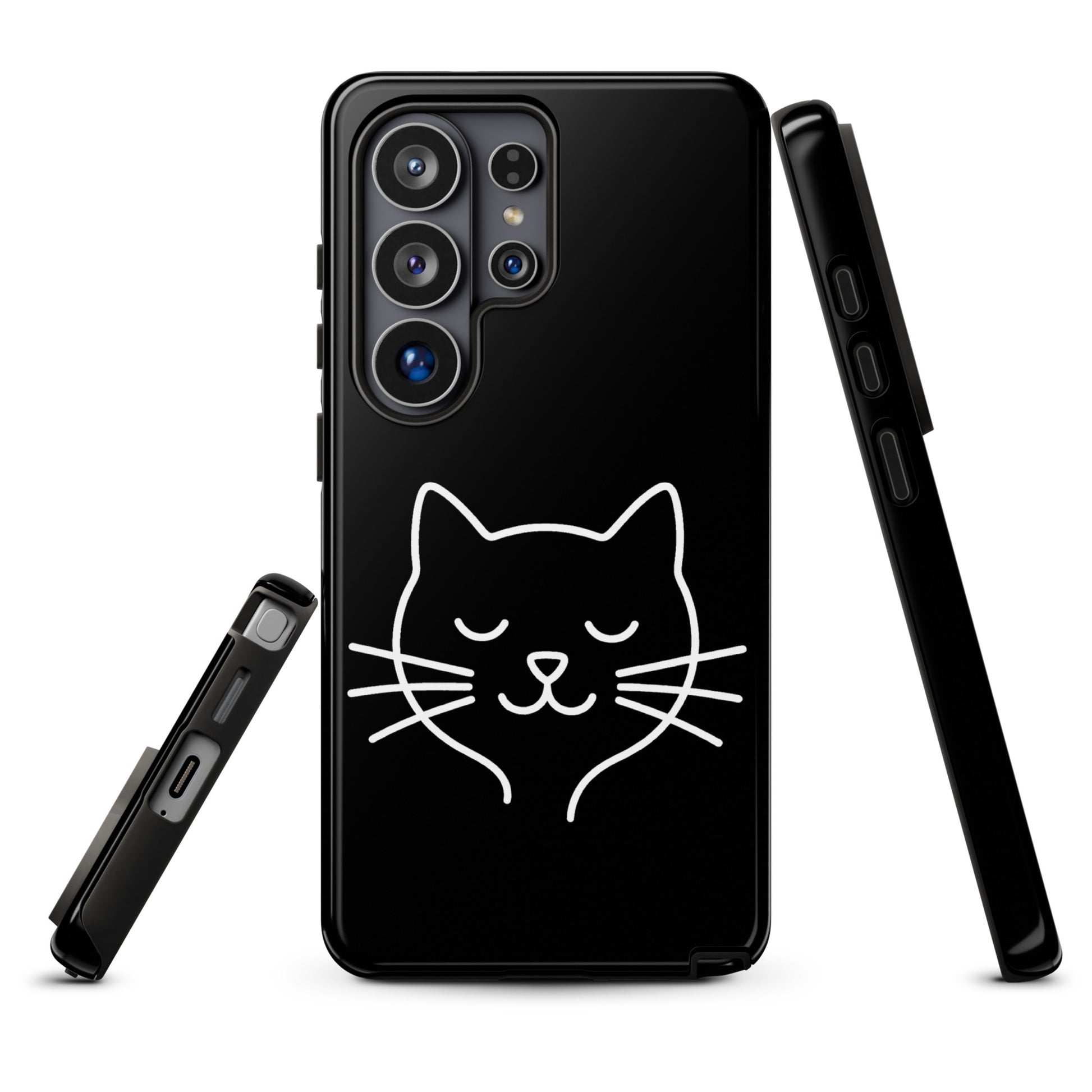 Phone Case with minimalist cat line art design for Samsung Galaxy in black and white.