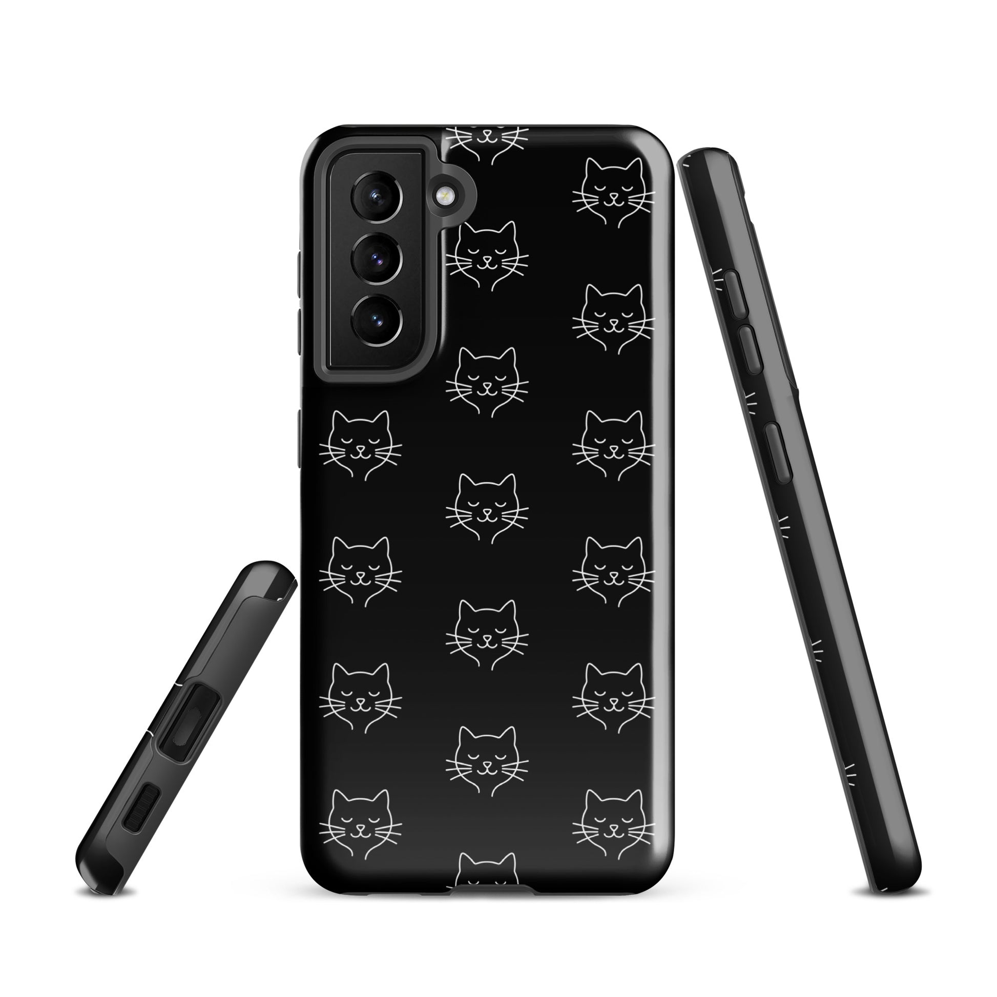 Phone Case for Samsung Galaxy with cute minimalist cat pattern in black and white, offering stylish protection for your device.