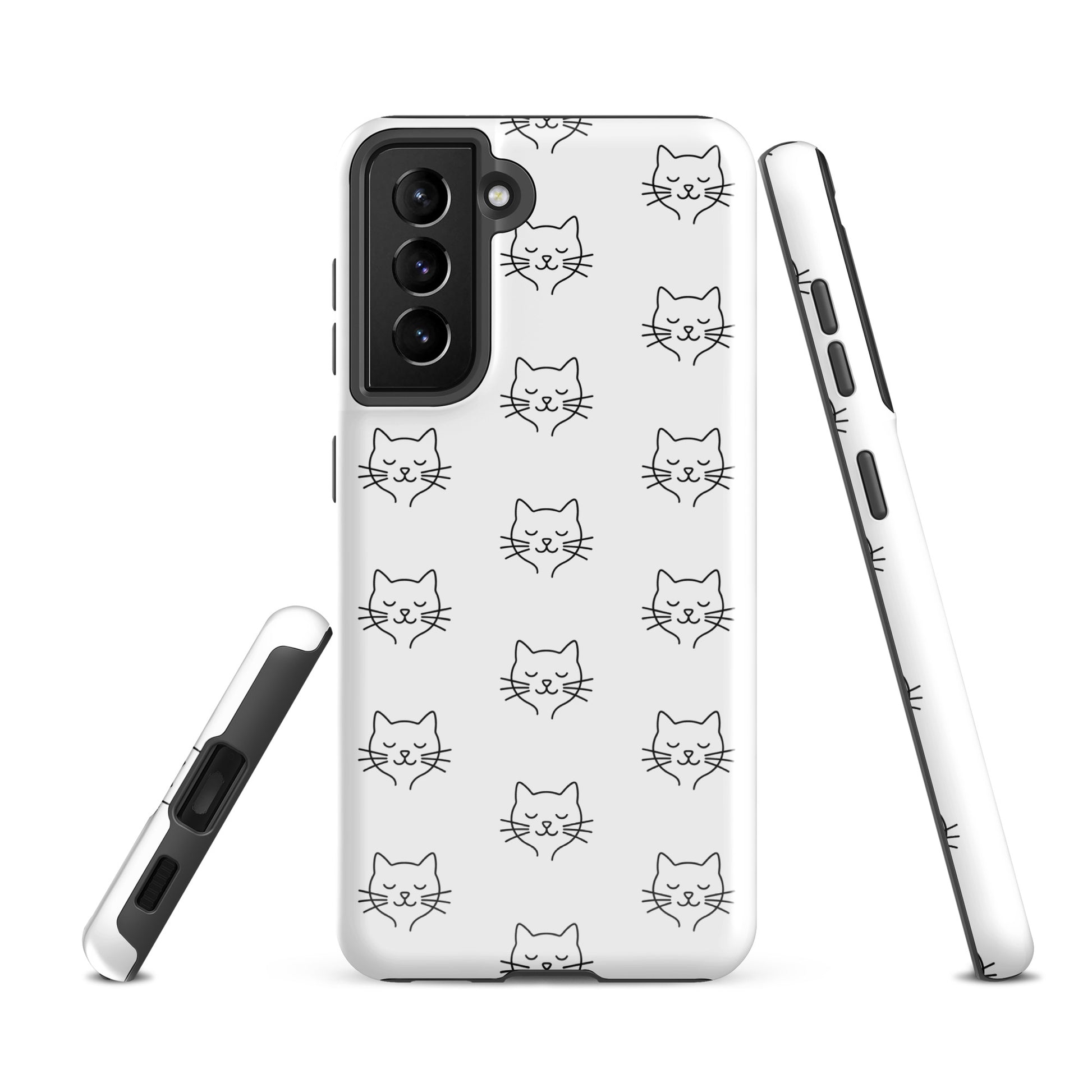 Phone Case for Samsung Galaxy with minimalist cat pattern in white and black, offering chic protection for cat lovers.