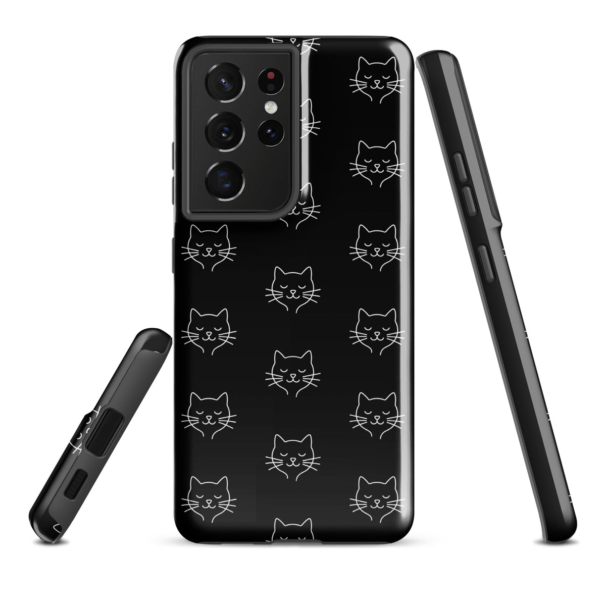 Phone Case for Samsung Galaxy with cute minimalist cat pattern in black and white, offering stylish protection for cat lovers.