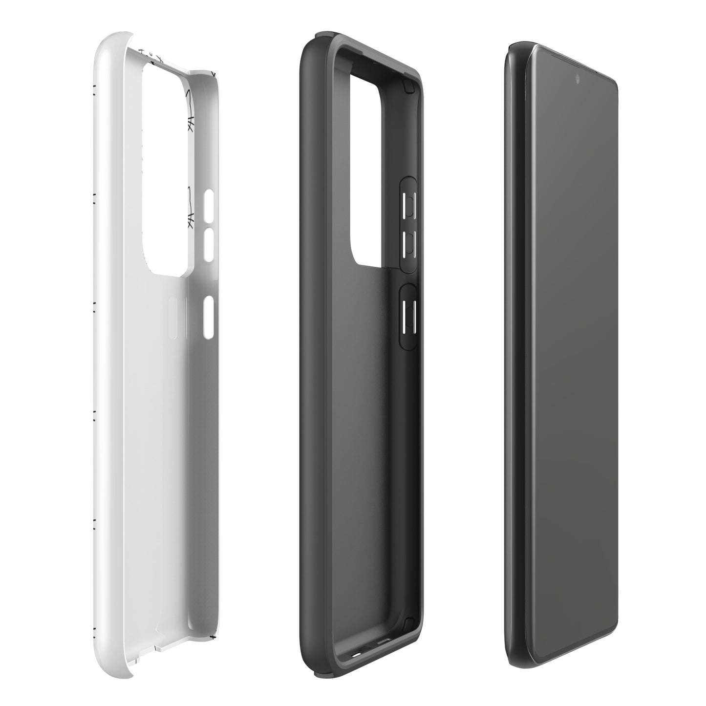 Phone Case for Samsung Galaxy with minimalist cat design in white and black, shown with chic and protective features.