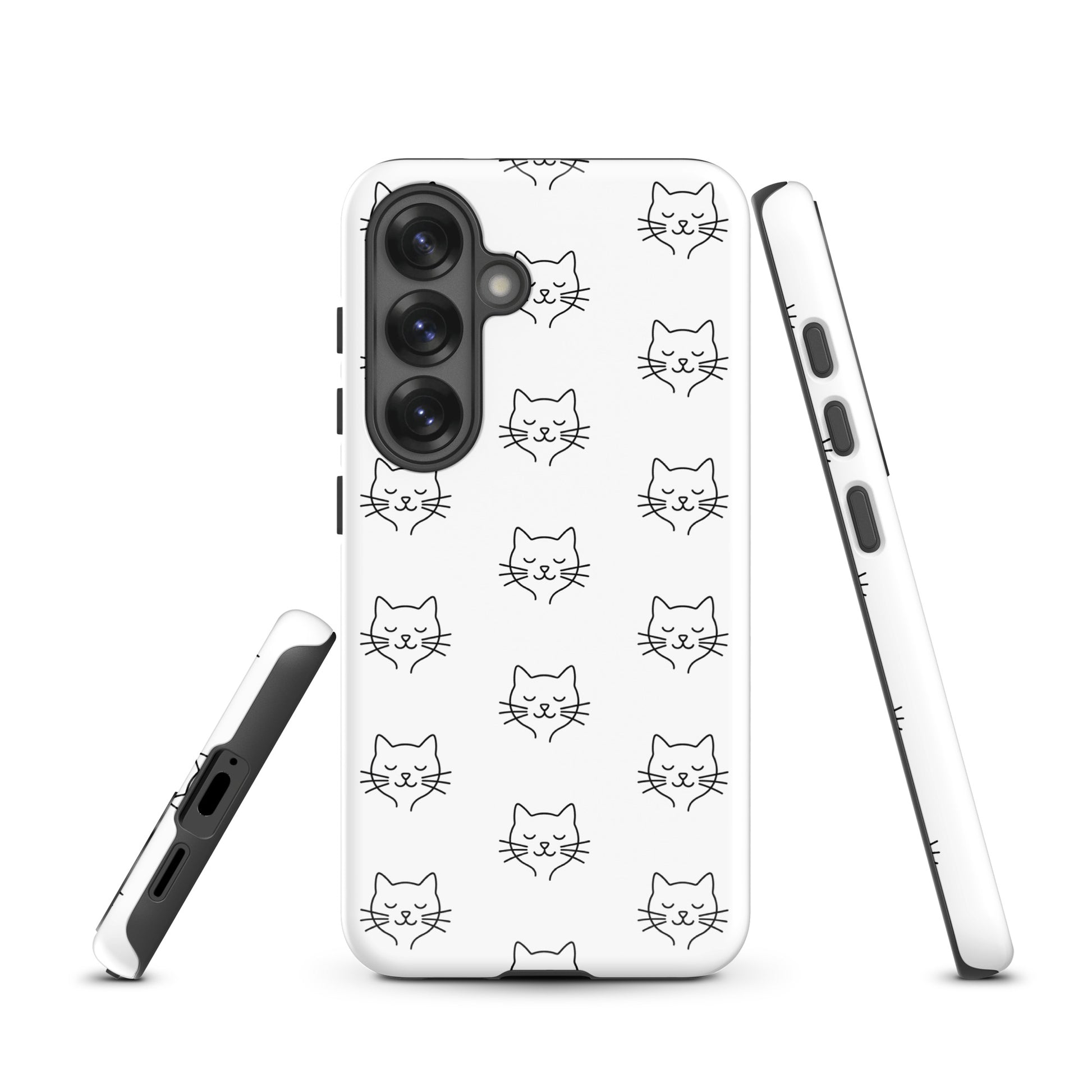 Phone Case for Samsung Galaxy featuring a cute minimalist cat pattern design in white and black, perfect for stylish protection.