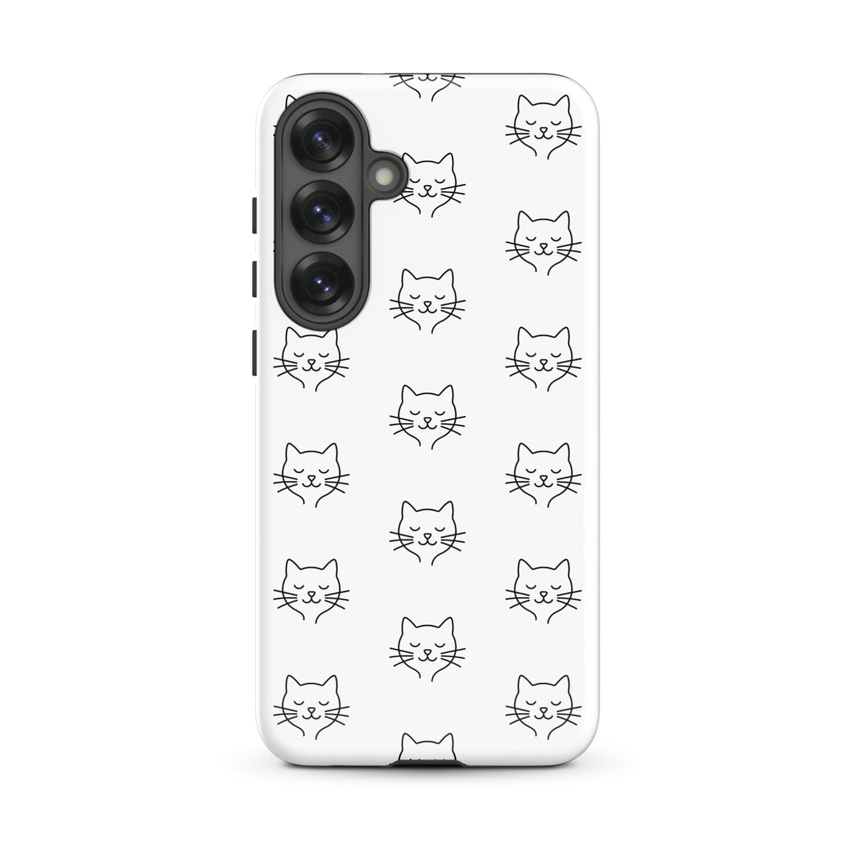 Phone Case for Samsung Galaxy with cute minimalist cat pattern in white and black, offering stylish protection for cat lovers.