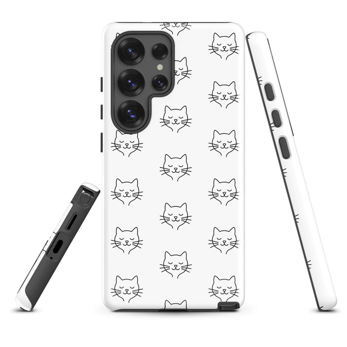 Phone Case for Samsung Galaxy with cute minimalist cat pattern design in white and black, offering stylish protection for cat lovers.