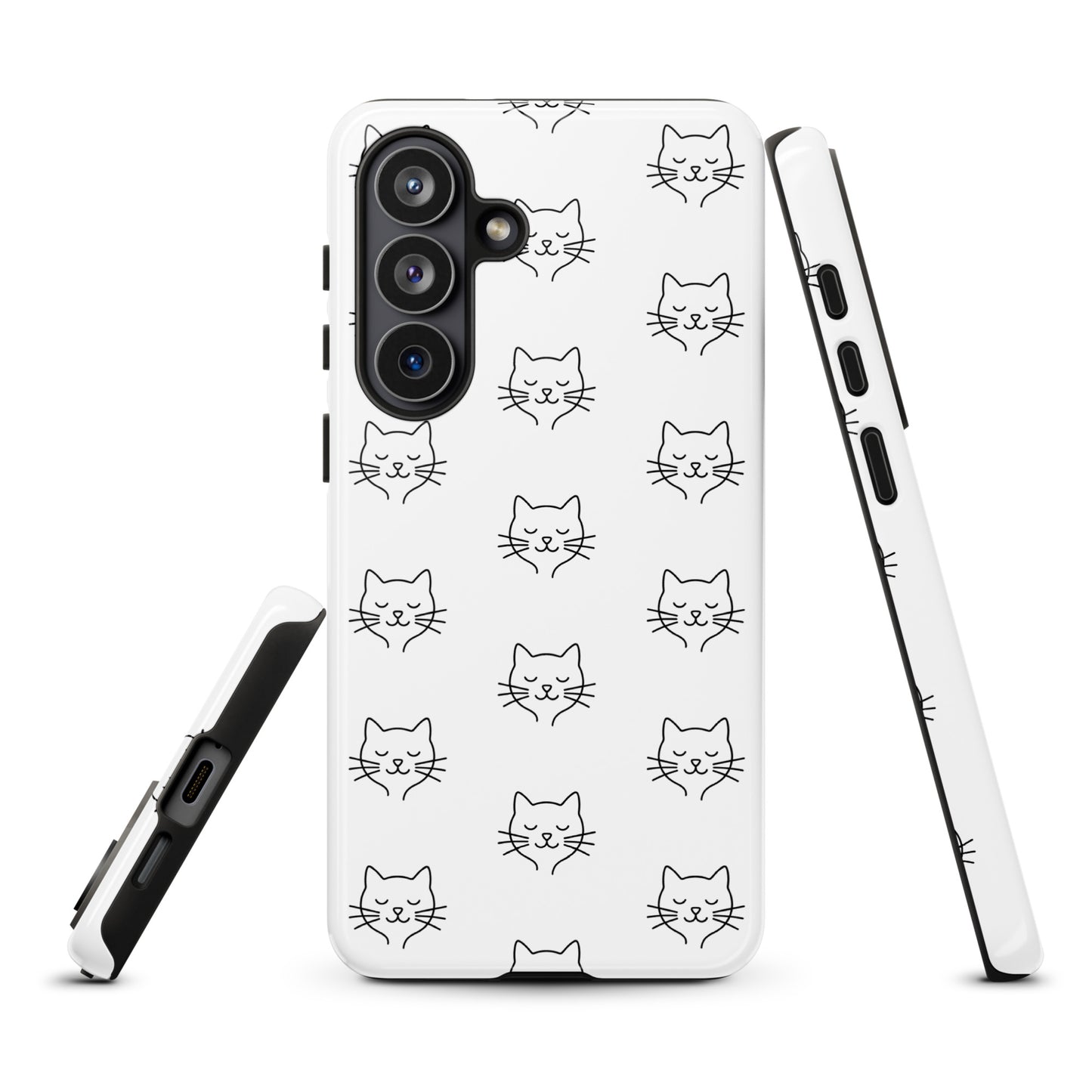 Phone Case for Samsung Galaxy with cute minimalist cat pattern design in white and black for stylish protection.