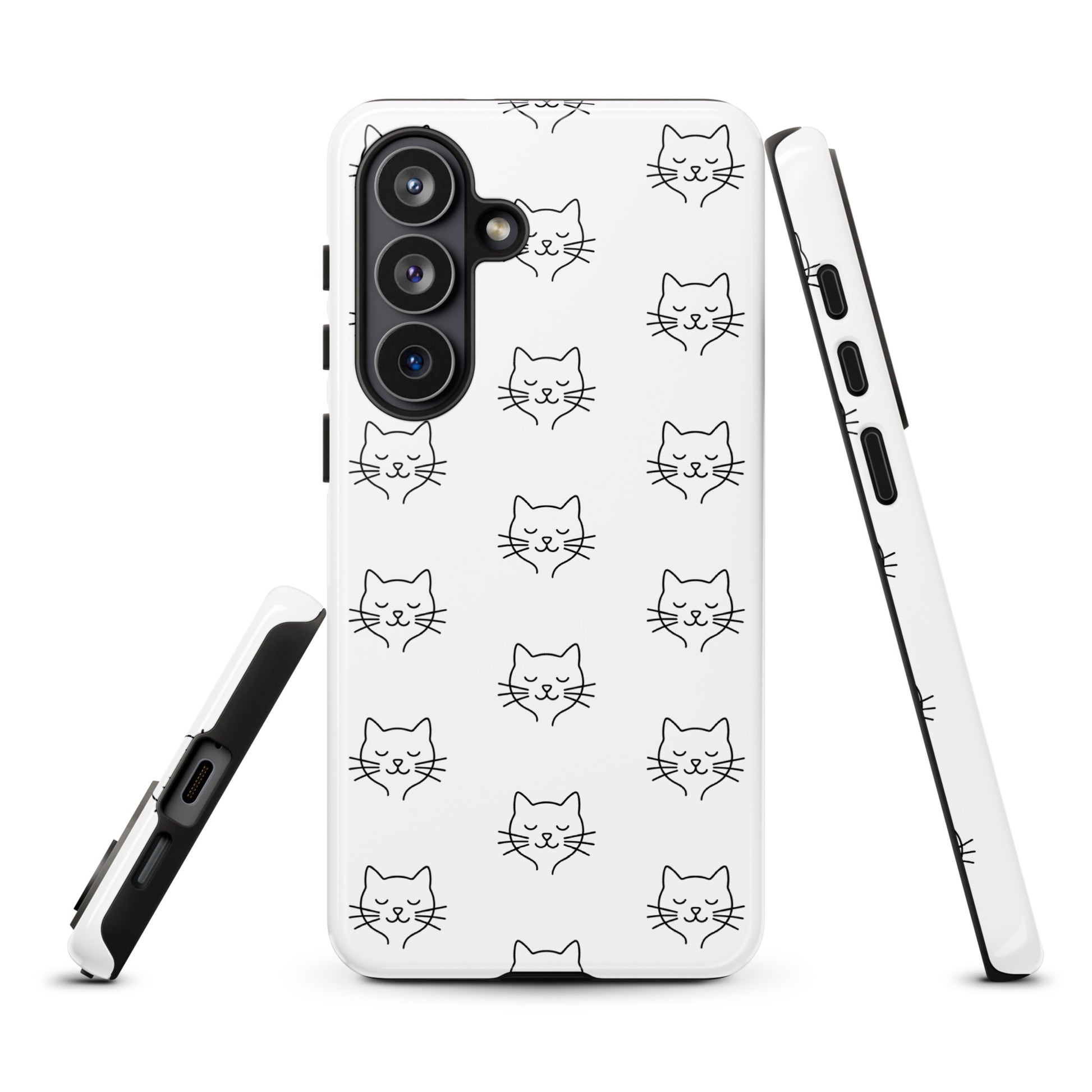 Phone Case for Samsung Galaxy with cute minimalist cat pattern design in white and black for stylish protection.