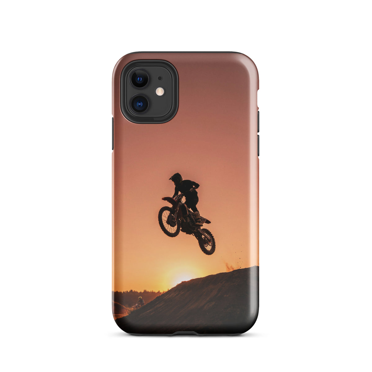 Phone Case with motocross sunset dirt bike design for iPhone, featuring silhouette of biker jumping against a glowing orange sunset.