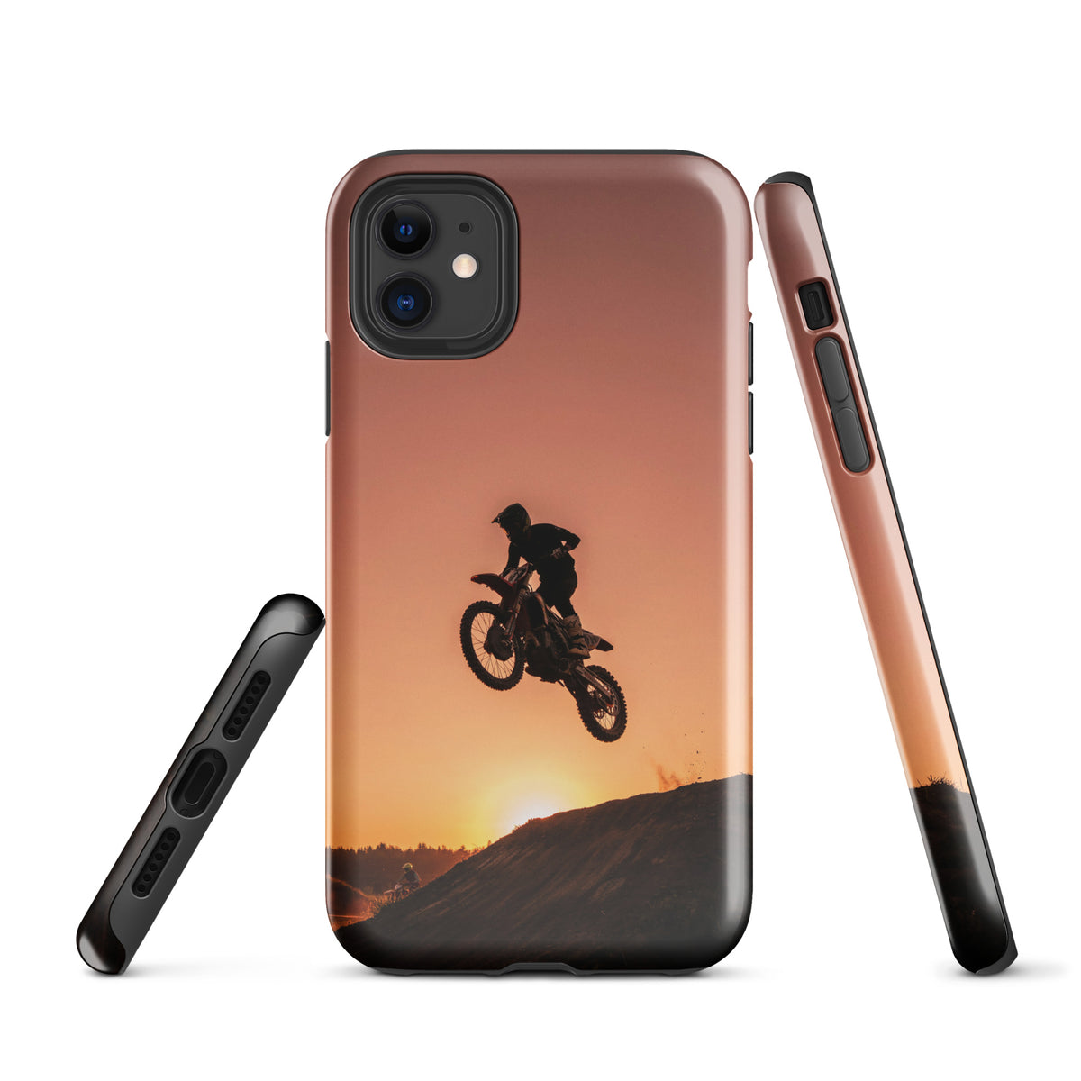 Phone Case for iPhone featuring motocross dirt bike design with sunset background, perfect for motocross enthusiasts.