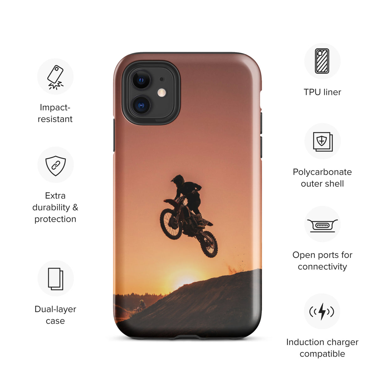 Phone Case for iPhone with motocross dirt bike sunset design, impact-resistant, dual-layer, polycarbonate shell, open port connectivity.