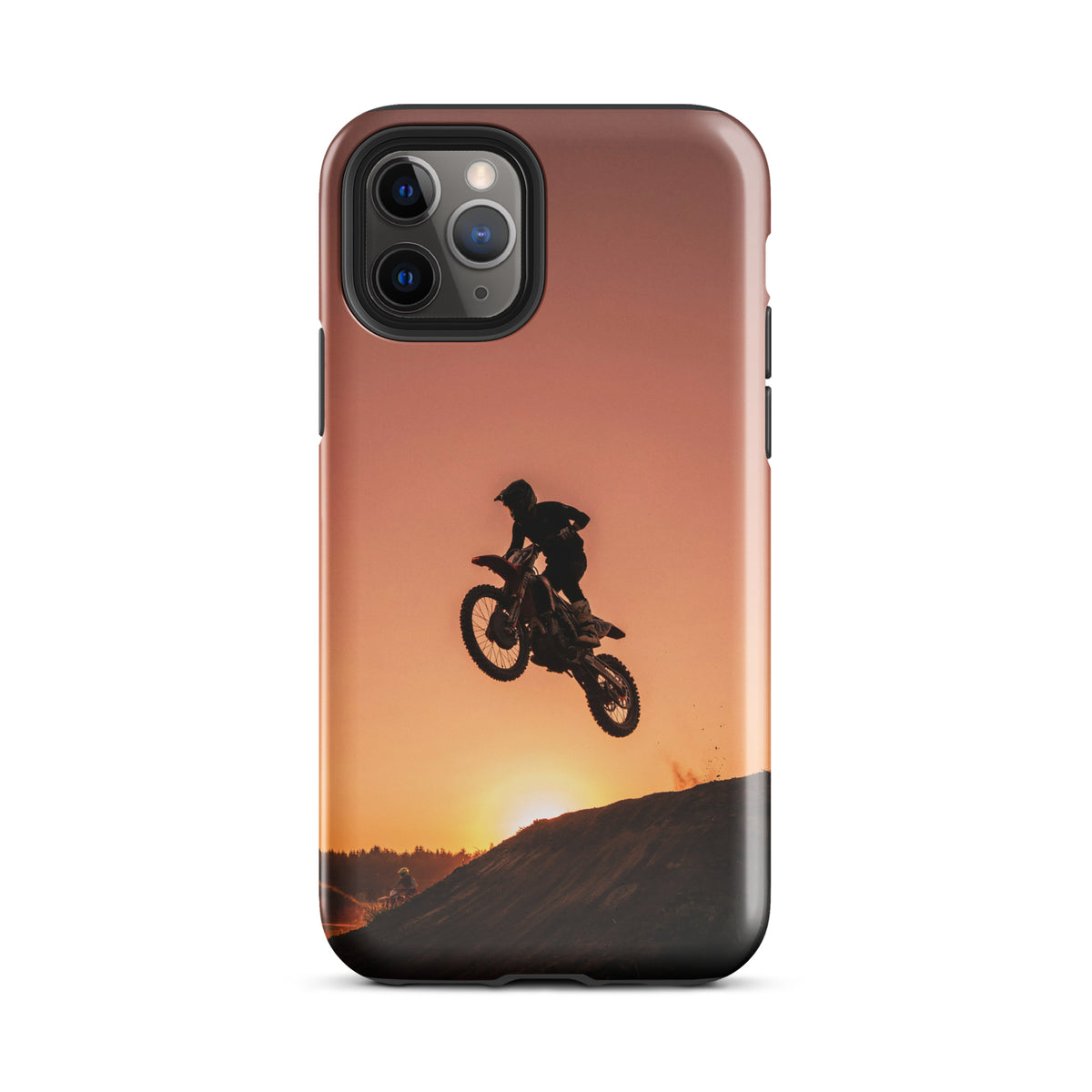 Phone Case for iPhone featuring motocross dirt bike silhouette against a sunset, designed in warm copper and orange tones.