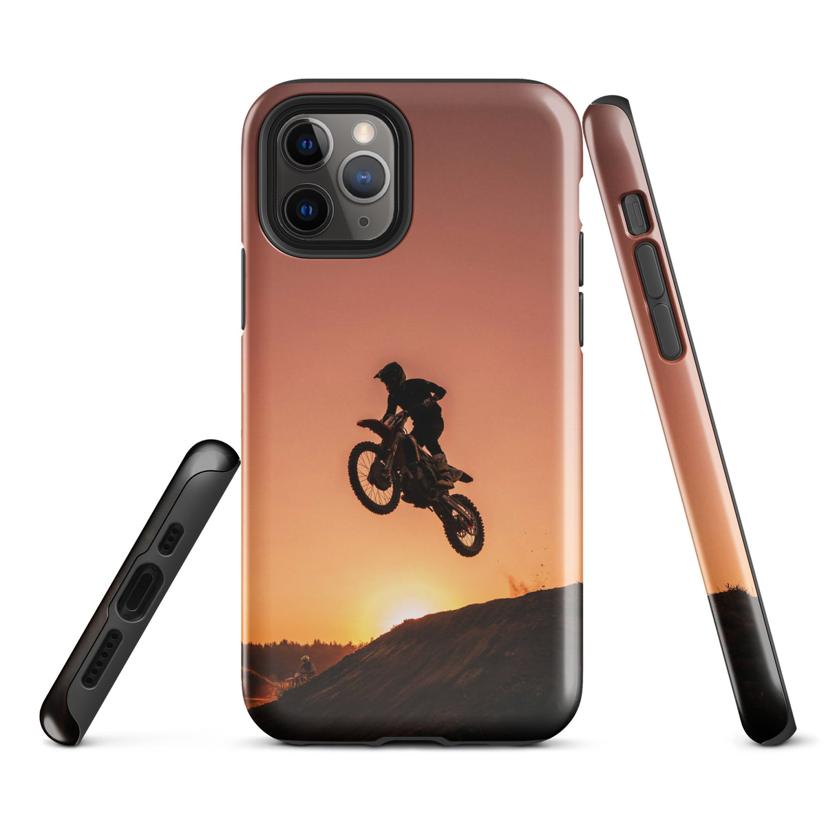 Phone Case with motocross sunset dirt bike design for iPhone, depicting a bike jump silhouette against a glowing sunset.