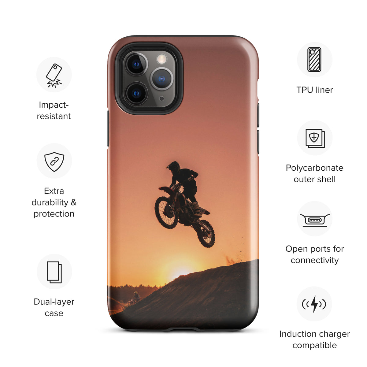 Phone Case for iPhone with motocross sunset dirt bike design, silhouette jump against an orange glow, rugged trail-inspired accessory.