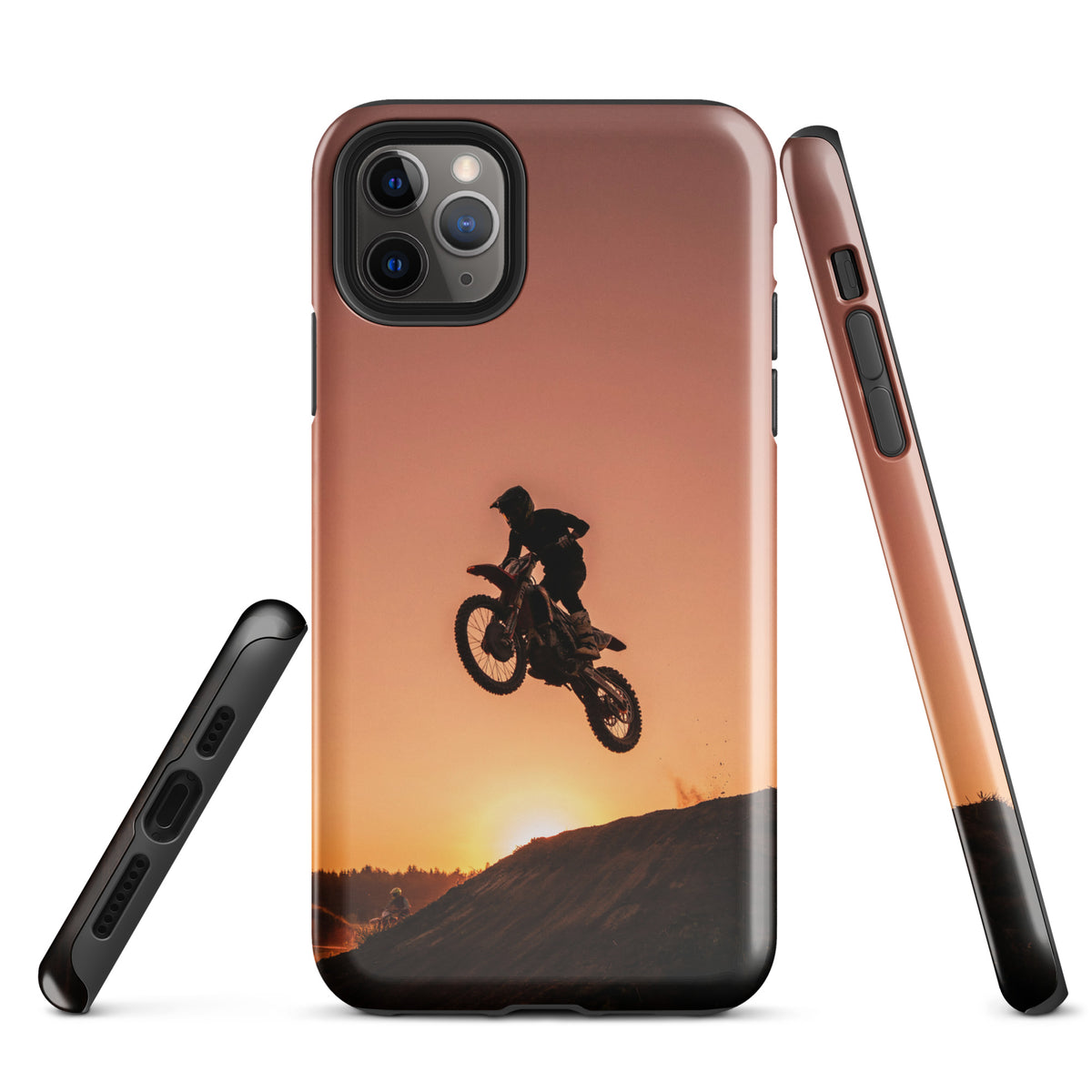 Phone Case for iPhone with motocross sunset design featuring dirt bike jump against a copper and orange sky.