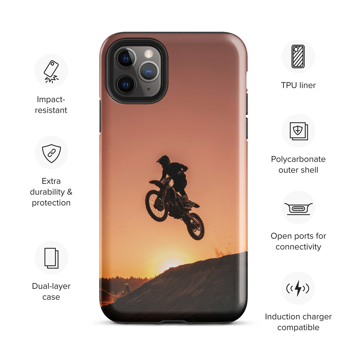 Phone Case for iPhone featuring a motocross bike jump against a sunset, rugged dirt bike design with warm copper and orange tones.