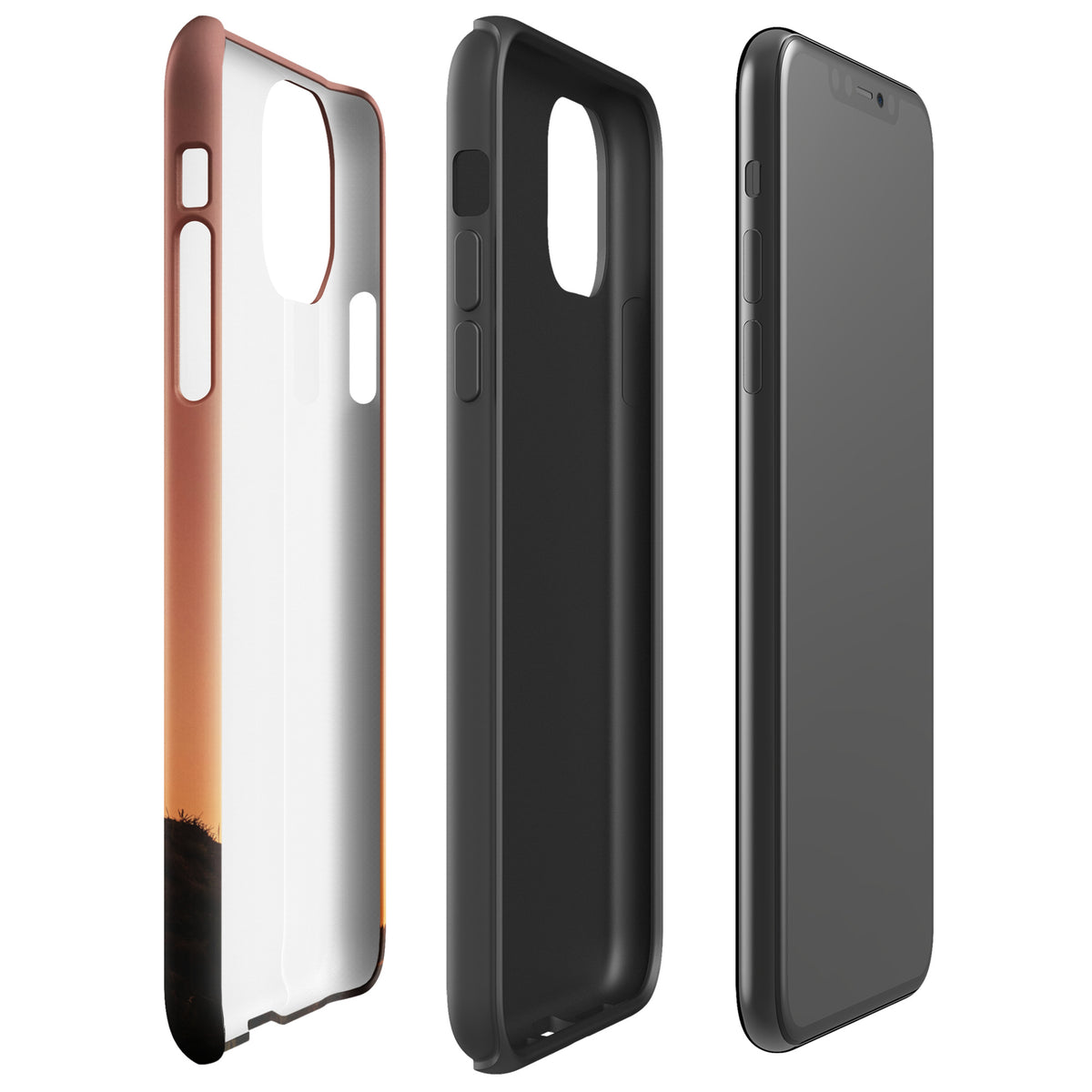Phone Case for iPhone with motocross sunset dirt bike design, featuring copper, burnt orange, and black colors for a rugged look.