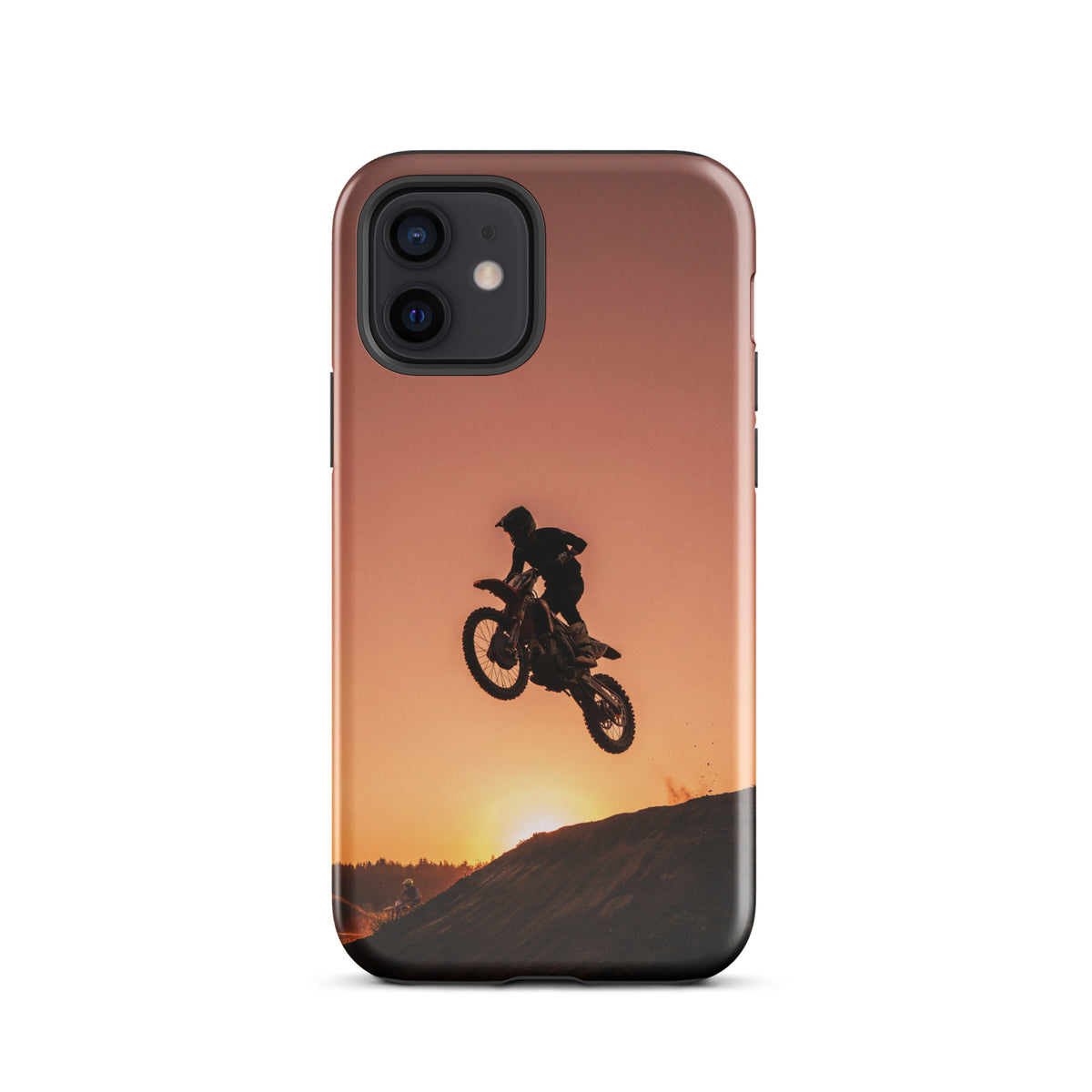 Phone Case with motocross design on iPhone, featuring dirt bike silhouette against a sunset, in copper and orange hues.