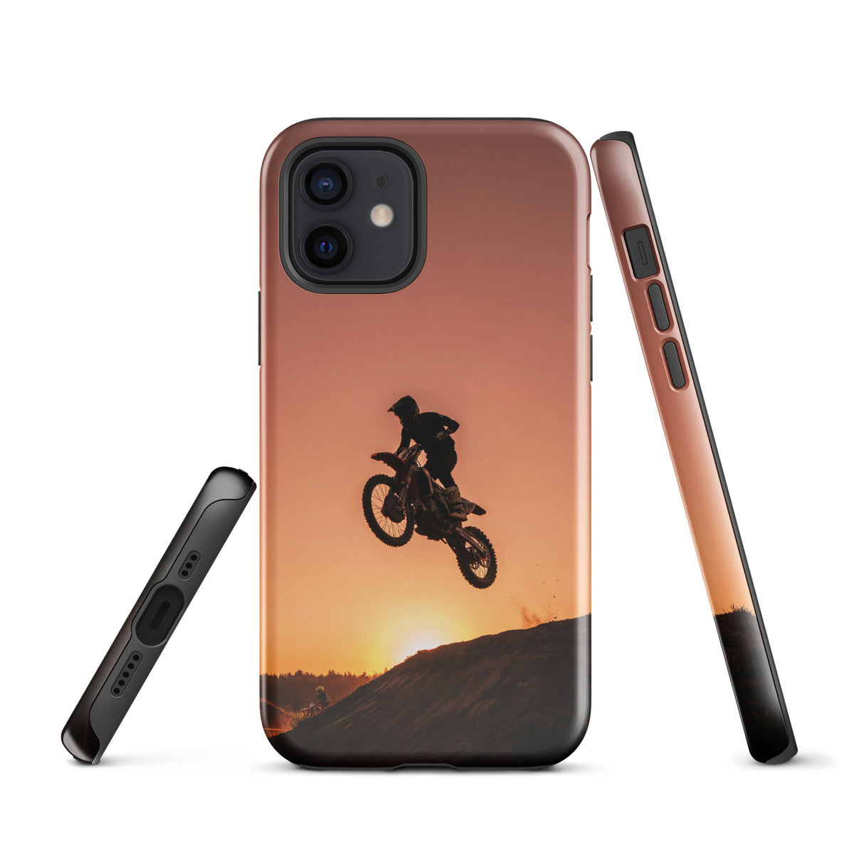 Phone Case for iPhone featuring motocross dirt bike silhouette against a sunset, with copper, orange, and gold tones, model xx224.
