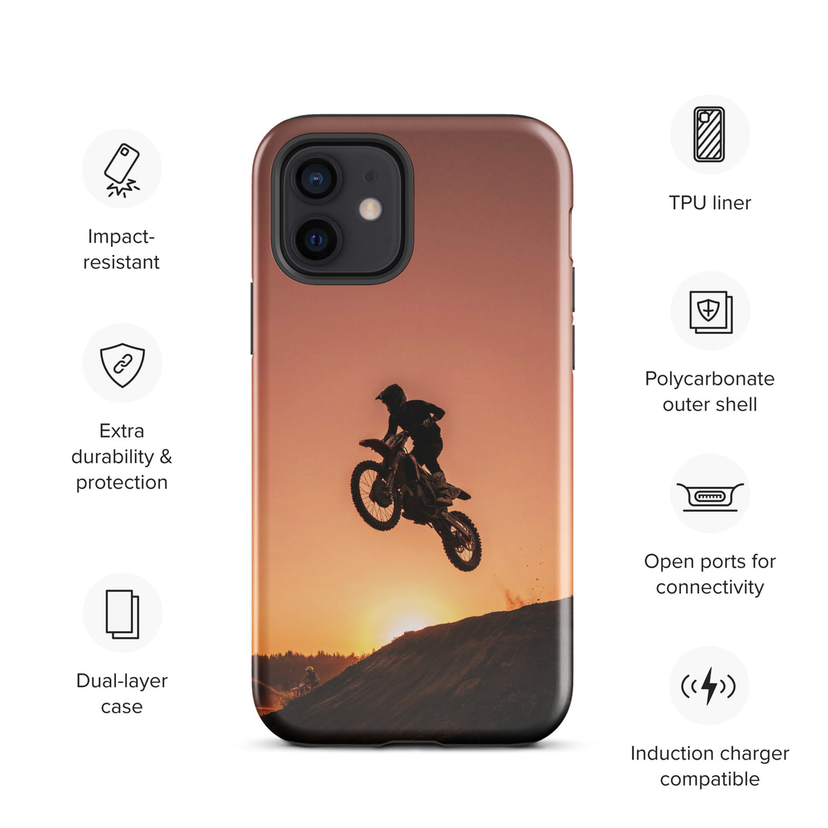 Phone Case for iPhone with motocross sunset dirt bike design, rugged and durable, featuring a silhouette of a biker jumping against sunset.