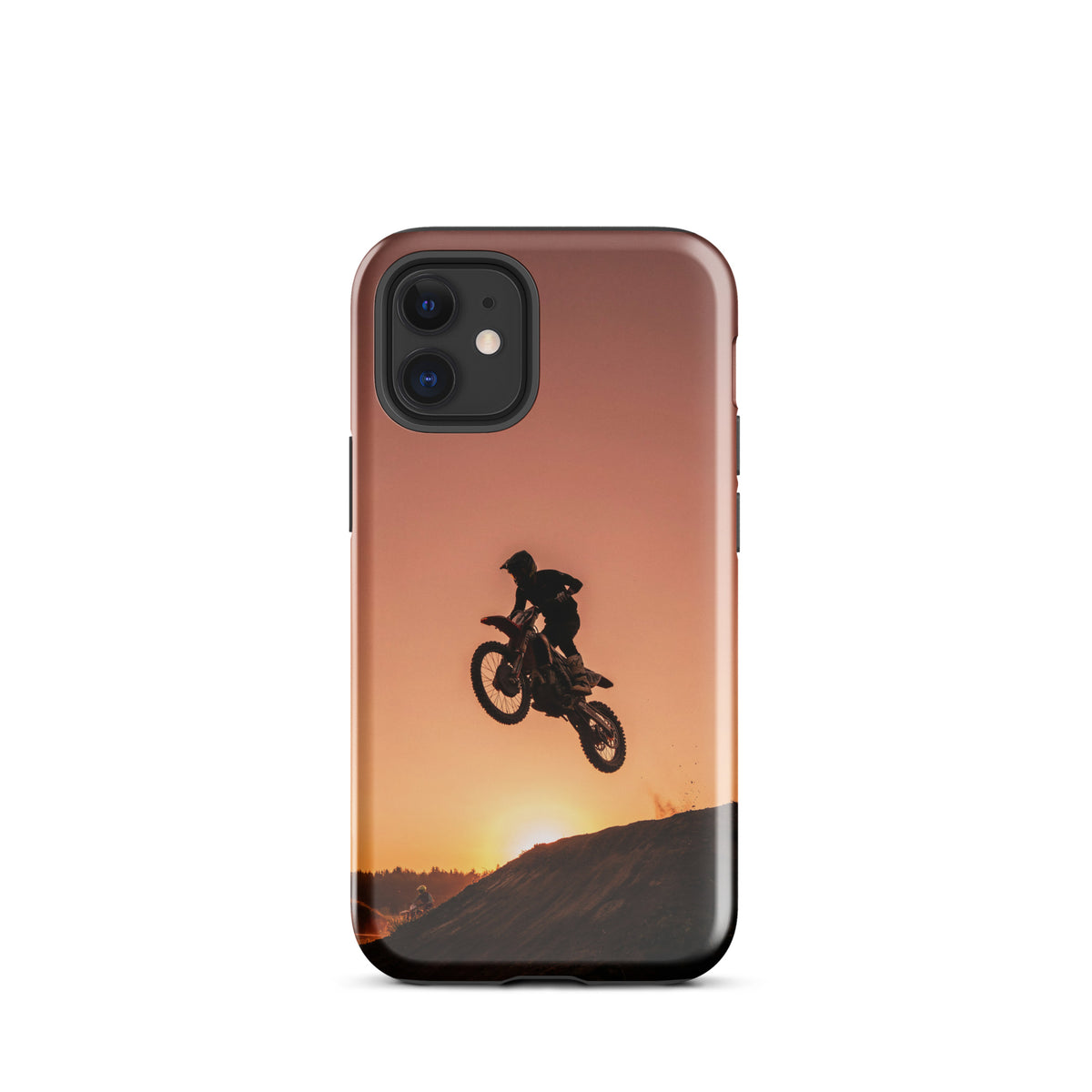 Phone Case with dirt bike silhouette at sunset design for iPhone, showcasing motocross spirit with copper and burnt orange tones.