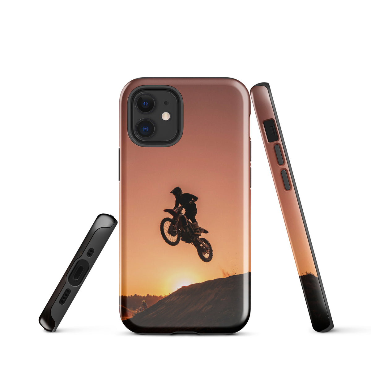 Phone Case for iPhone with motocross sunset dirt bike design featuring a dramatic jump silhouette against a glowing sunset sky.