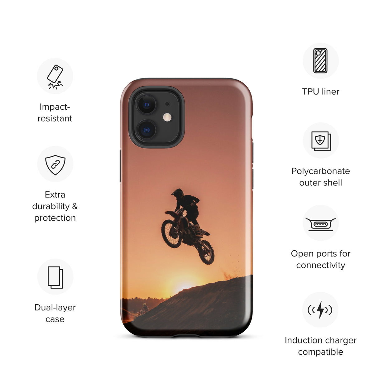 Phone Case featuring motocross sunset dirt bike design, perfect for thrill-seekers. Durable, impact-resistant, with dual-layer protection.