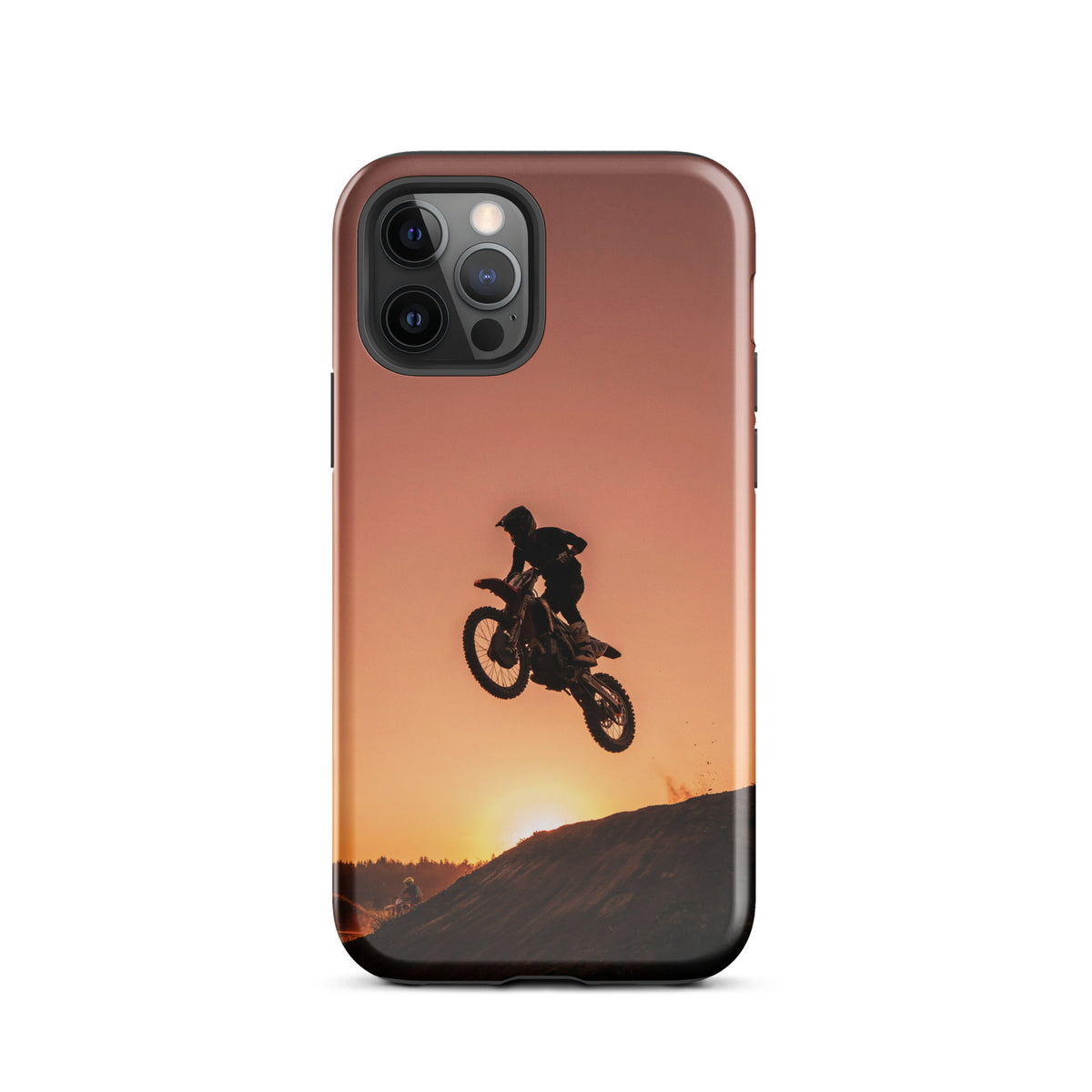 Phone Case with motocross sunset design, featuring a dirt bike jump against a glowing sky, ideal for iPhone users and bike enthusiasts.
