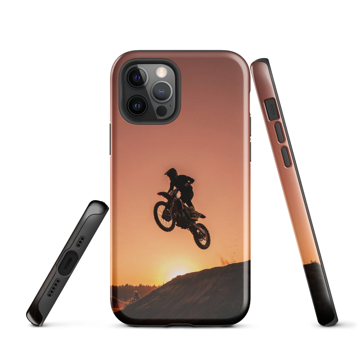 Phone Case for iPhone with motocross sunset design, dirt bike jump silhouette against an orange and black rugged background