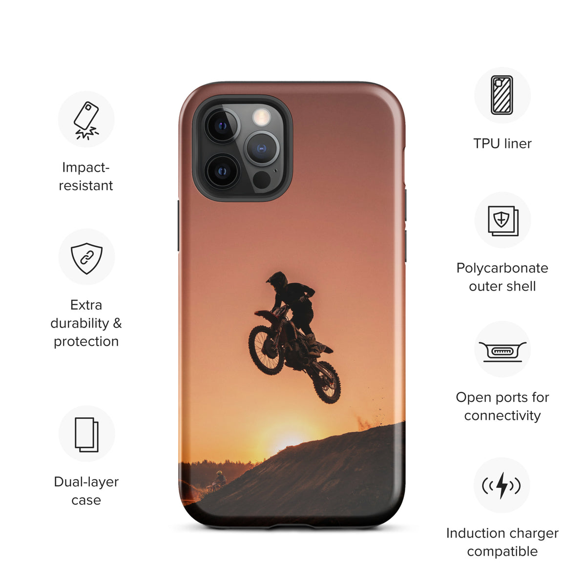 Phone Case for iPhone with motocross sunset dirt bike design, featuring a dramatic bike jump against a glowing sunset.