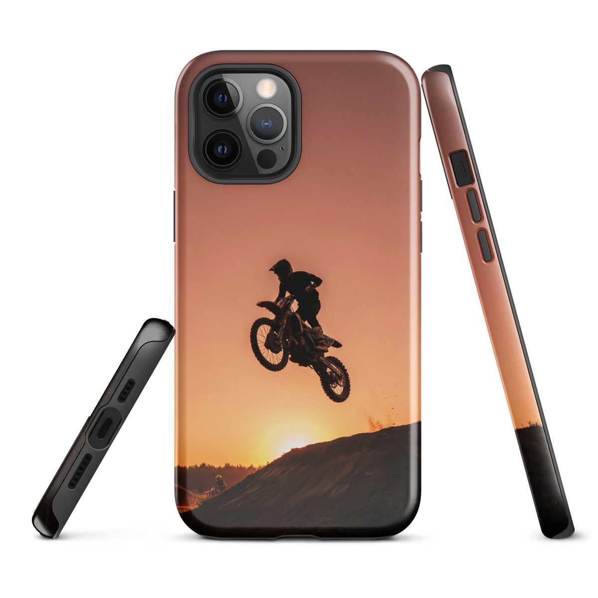 Phone Case for iPhone with motocross sunset dirt bike design, featuring a dramatic dirt bike jump against a glowing sunset sky.
