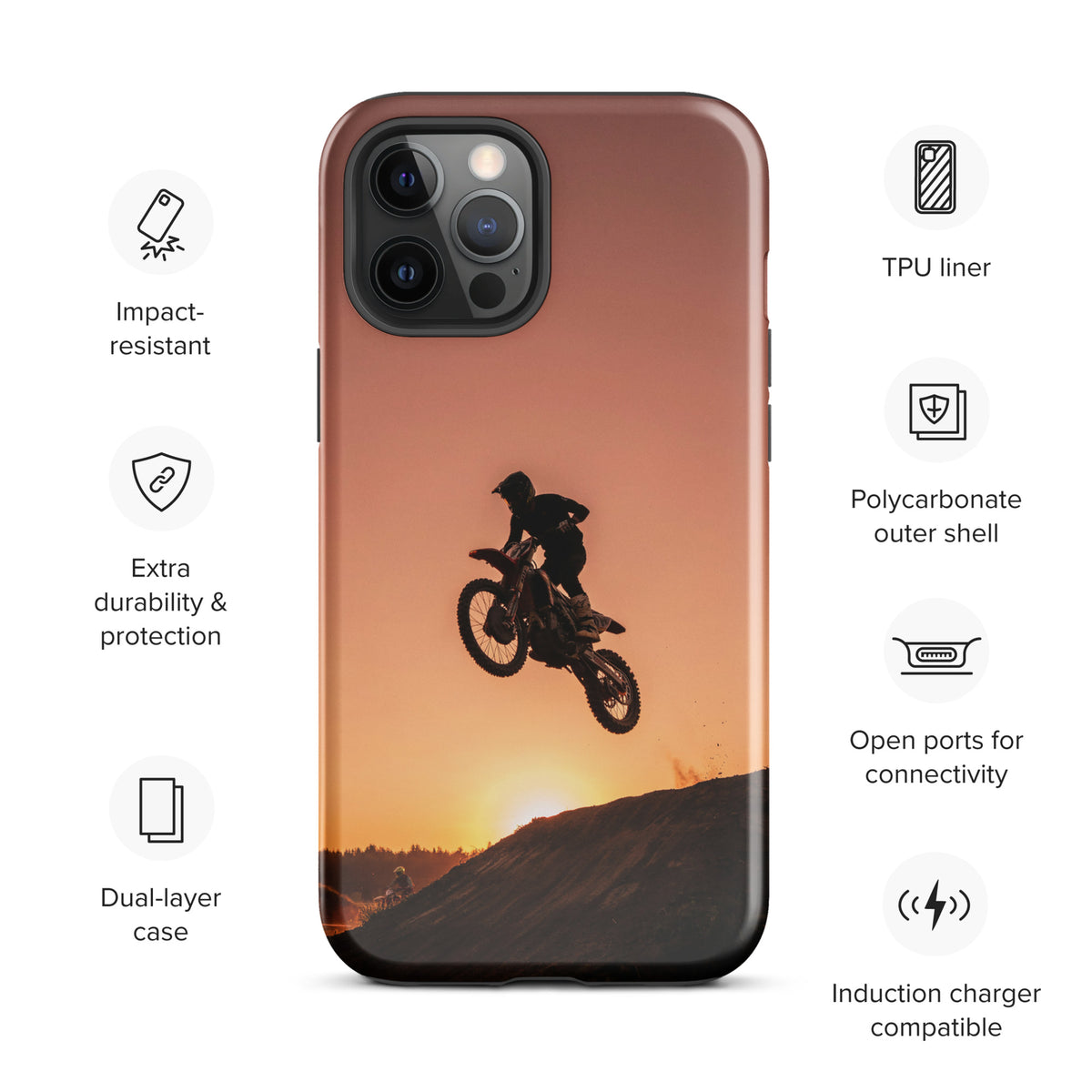Phone Case for iPhone with motocross sunset dirt bike design showcasing a rider jumping against a sunset sky. Rugged and stylish.