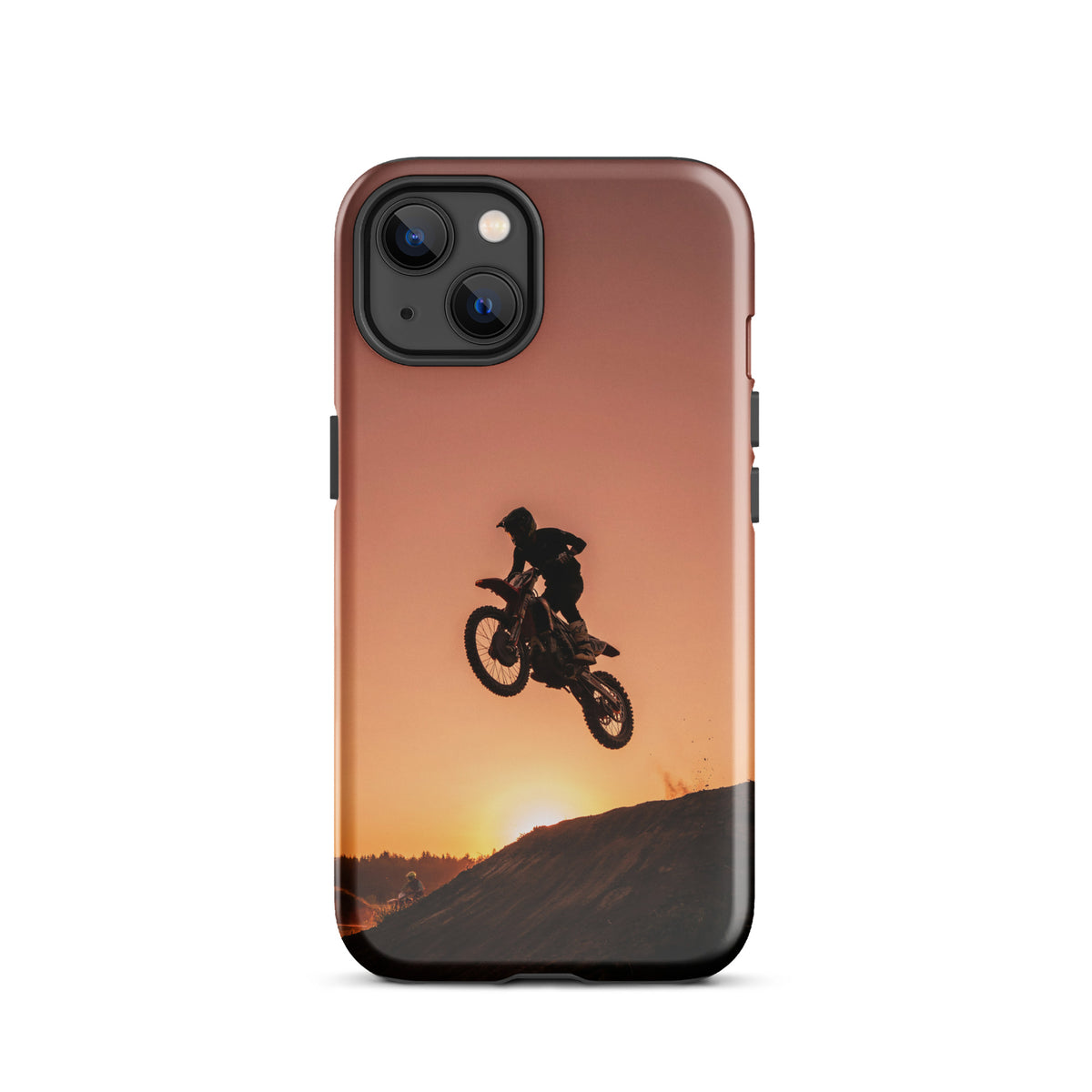 Phone Case for iPhone featuring motocross dirt bike jumping against a sunset, with shades of copper and deep black, perfect for motocross fans.
