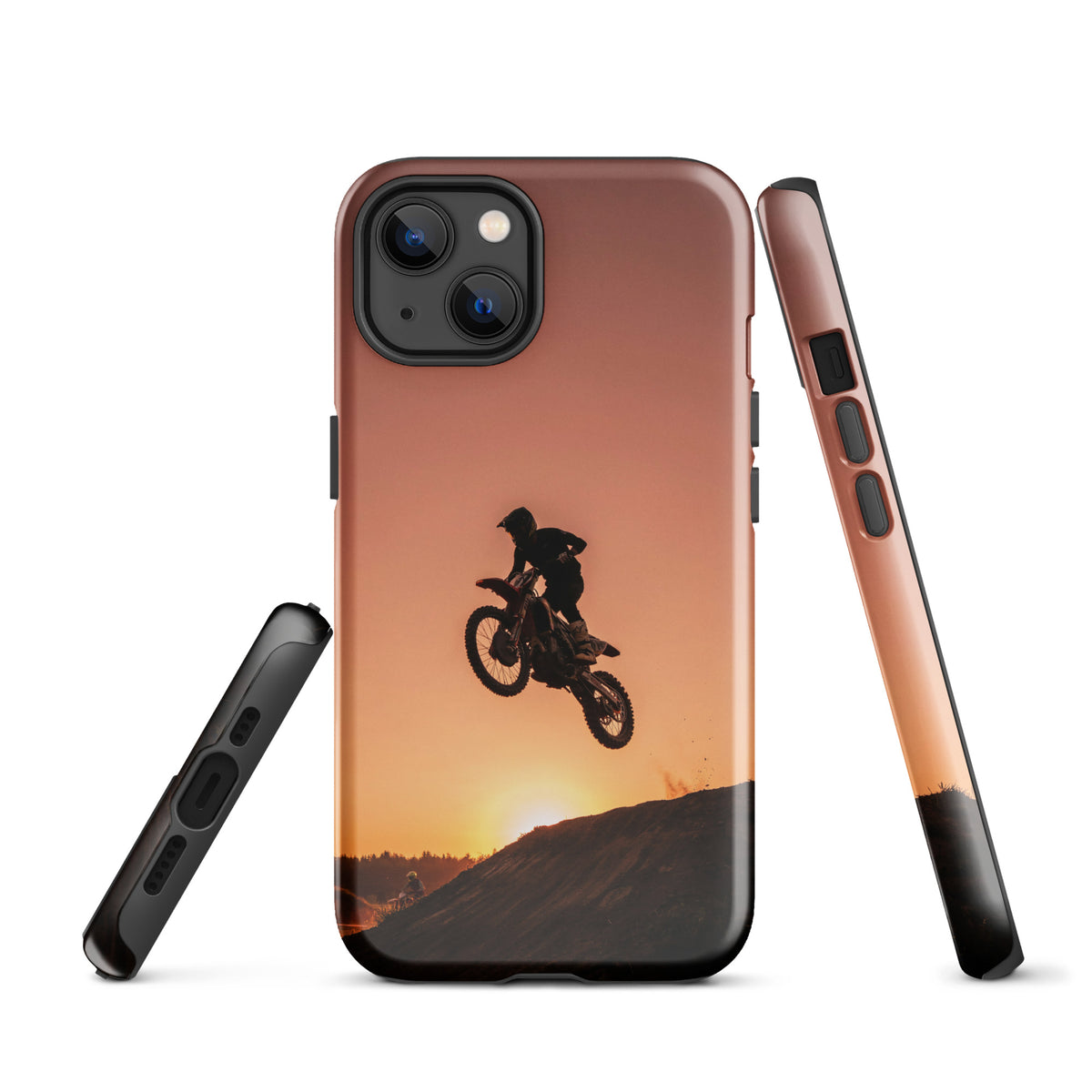 Phone Case for iPhone with motocross sunset dirt bike design, featuring a dramatic dirt bike jump at sunset, rugged colors.