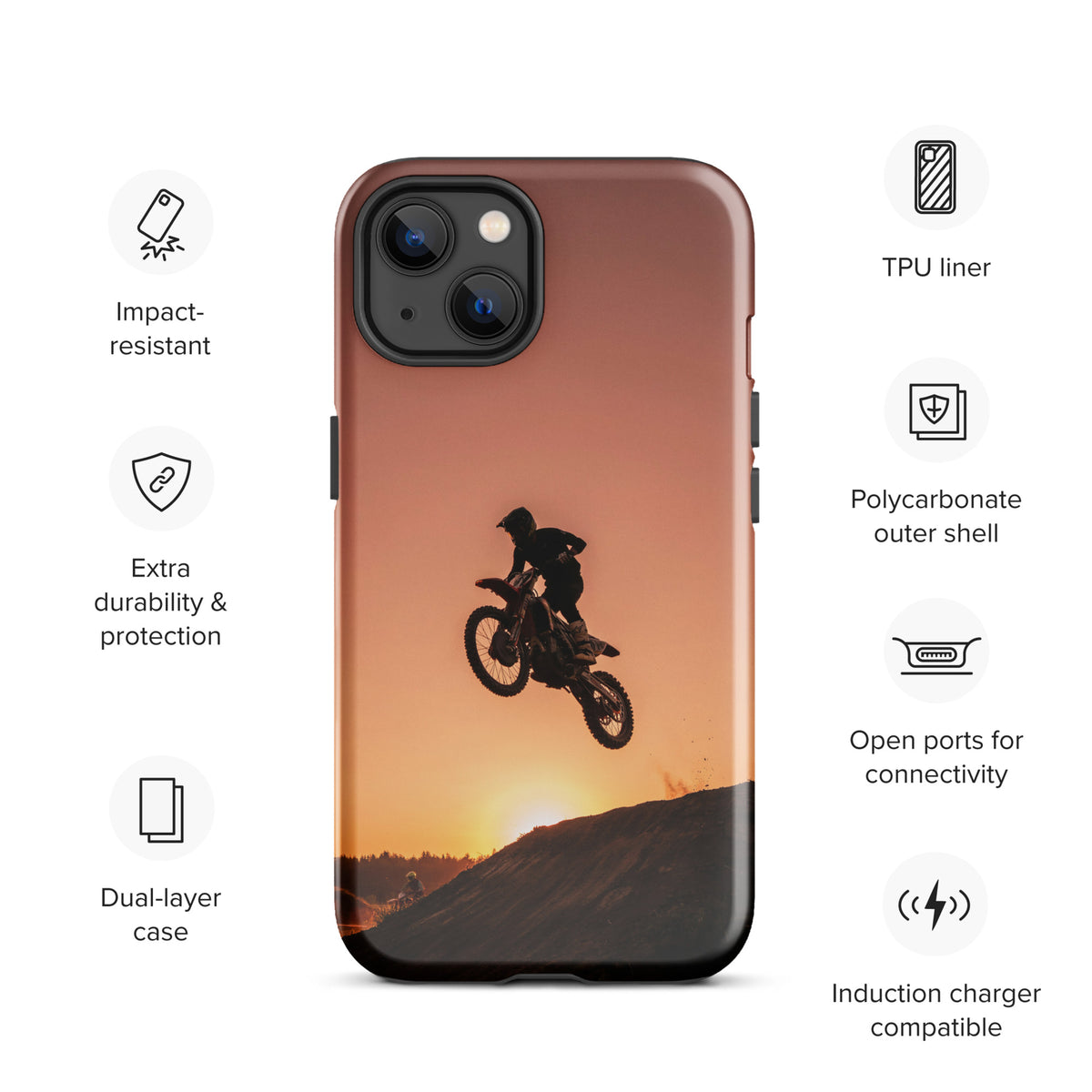 Phone Case for iPhone with motocross sunset dirt bike design, featuring a silhouette jump against a glowing orange and black backdrop.