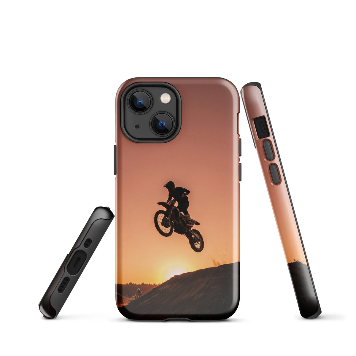 Phone Case with motocross sunset design showing dirt bike jump against a glowing sky, perfect for iPhone.