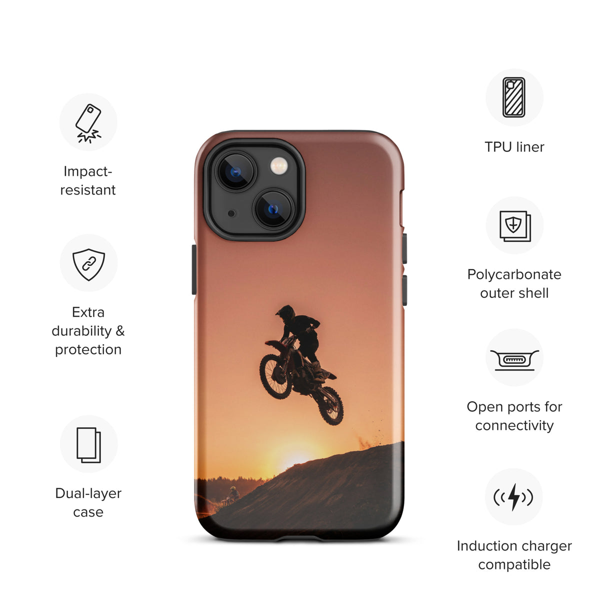 Phone Case featuring motocross dirt bike silhouette against sunset, copper and orange tones, iPhone compatible protective cover.