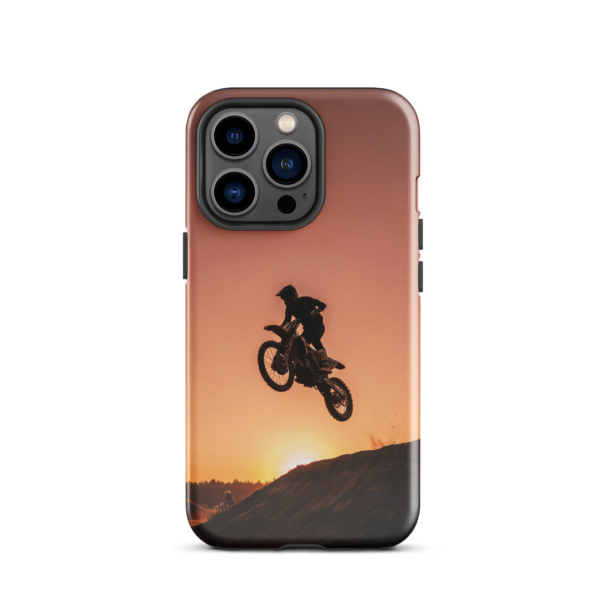 Phone Case featuring motocross sunset dirt bike design for iPhone, showcasing a dramatic bike jump silhouette against a radiant sky.