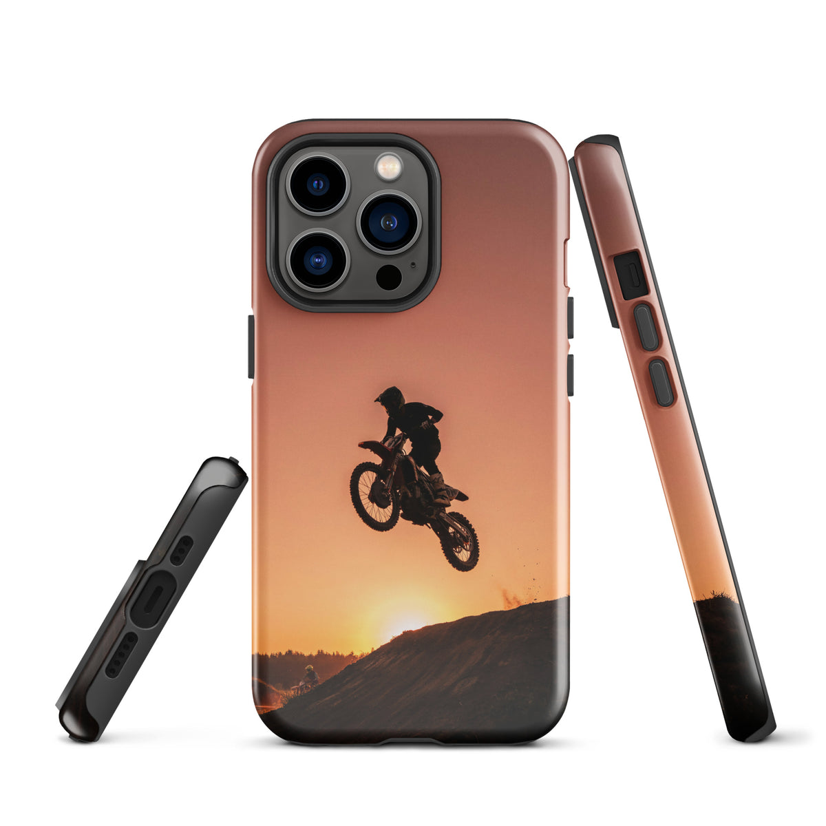 Phone Case for iPhone featuring motocross sunset dirt bike design with warm shades, ideal for bike enthusiasts.