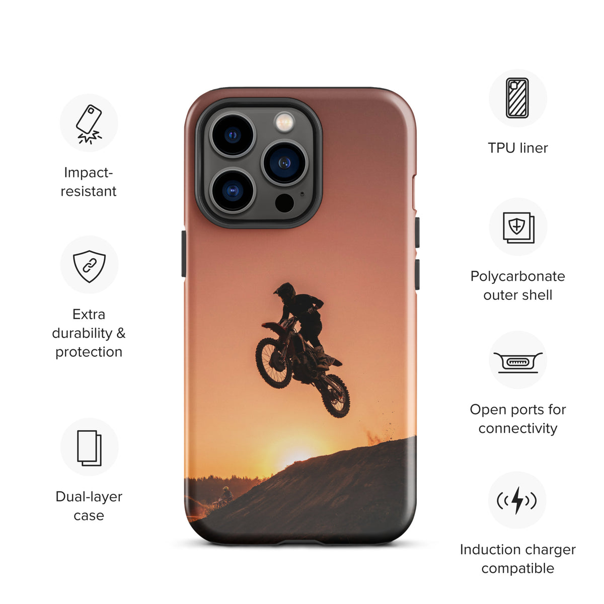 Phone Case for iPhone with motocross sunset dirt bike design, showcasing a bike jump against a copper and orange sky, impact-resistant.