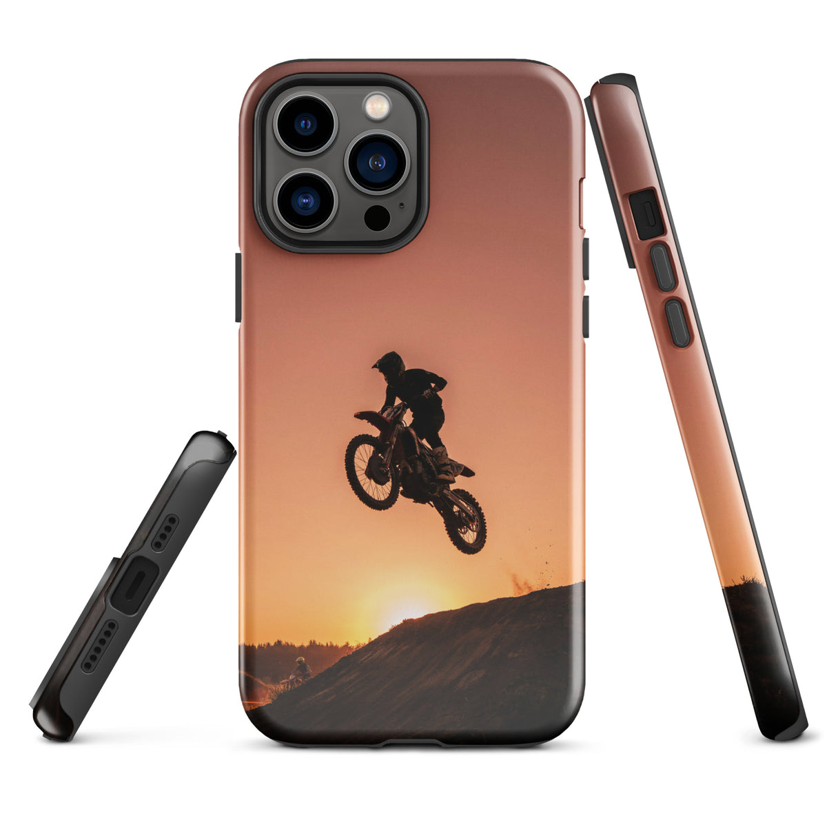 Phone Case for iPhone with motocross sunset dirt bike design, silhouette of a rider jumping against glowing sunset in copper tones.